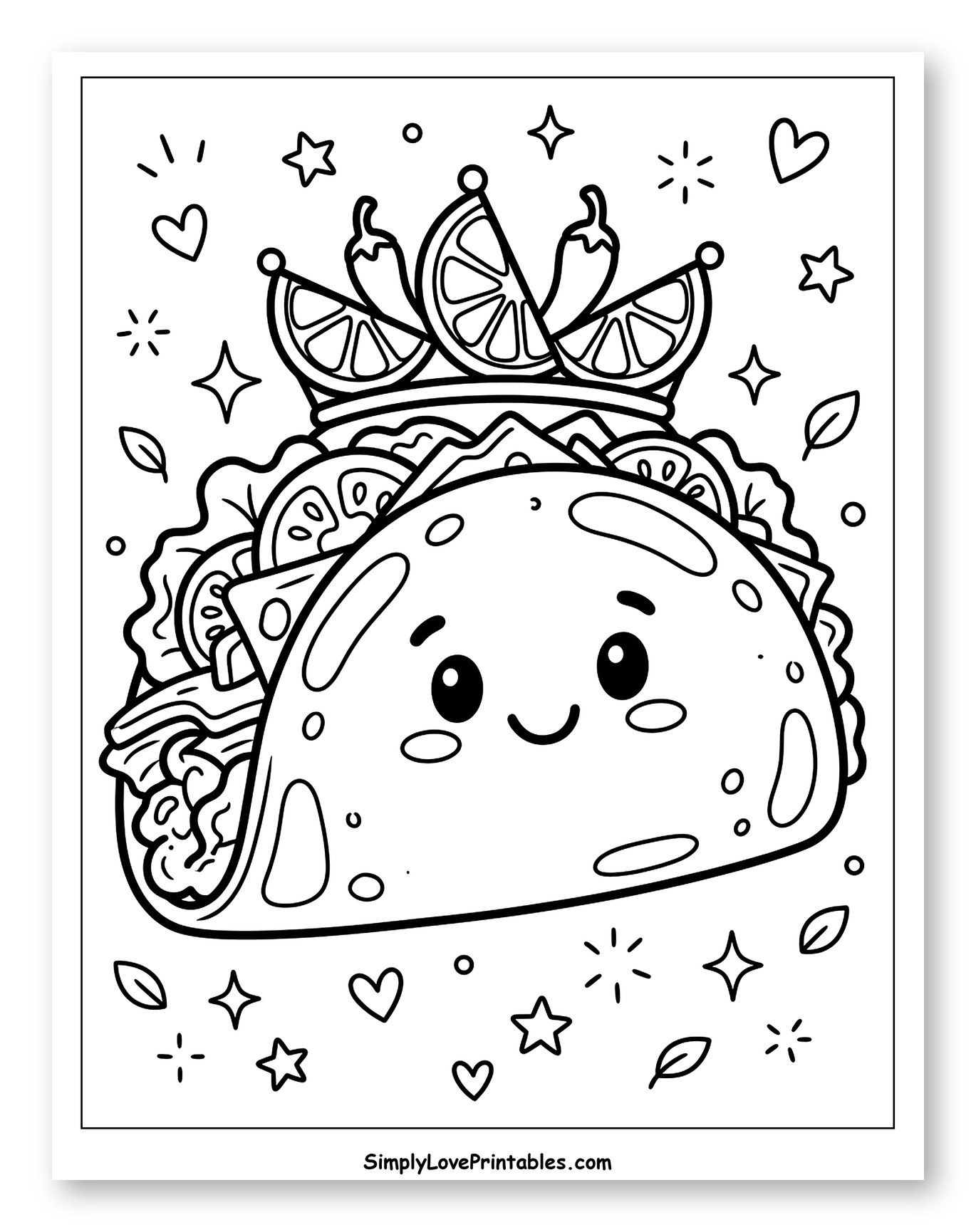 Cute Taco Wearing a Spicy Crown Coloring Sheet for Adults