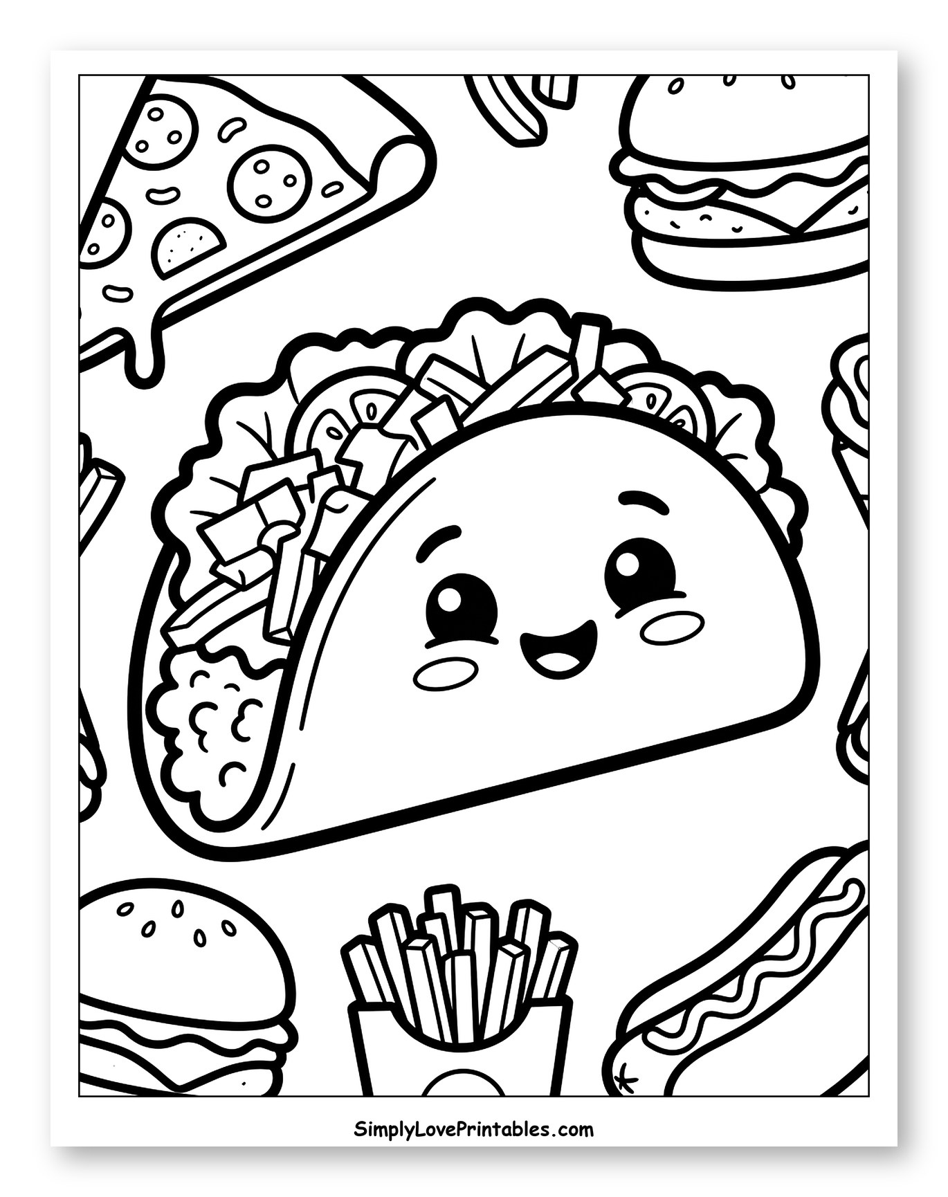 Cute Taco with Assorted Fast Food Items Coloring Sheet for Toddlers