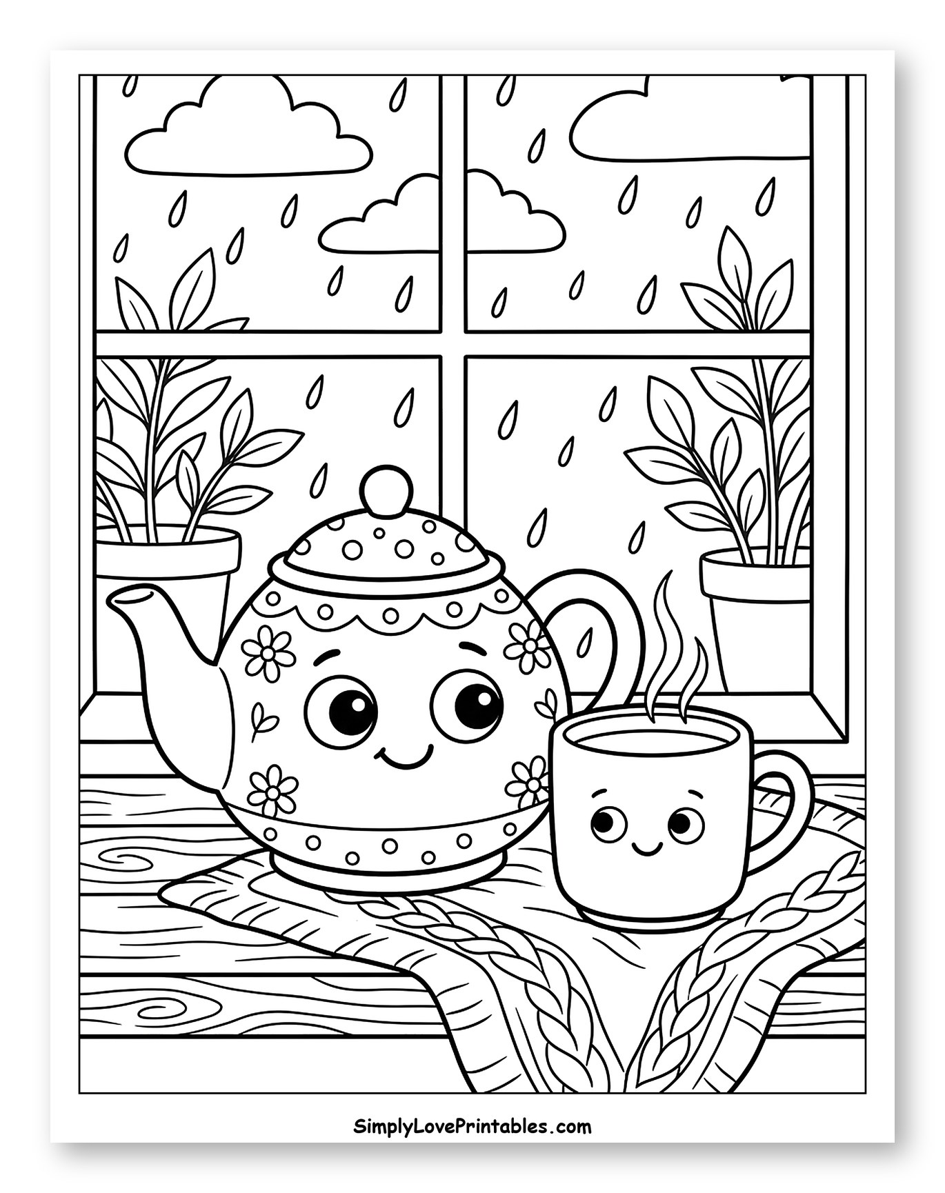 Cute Teapot and Mug on a Rainy Day