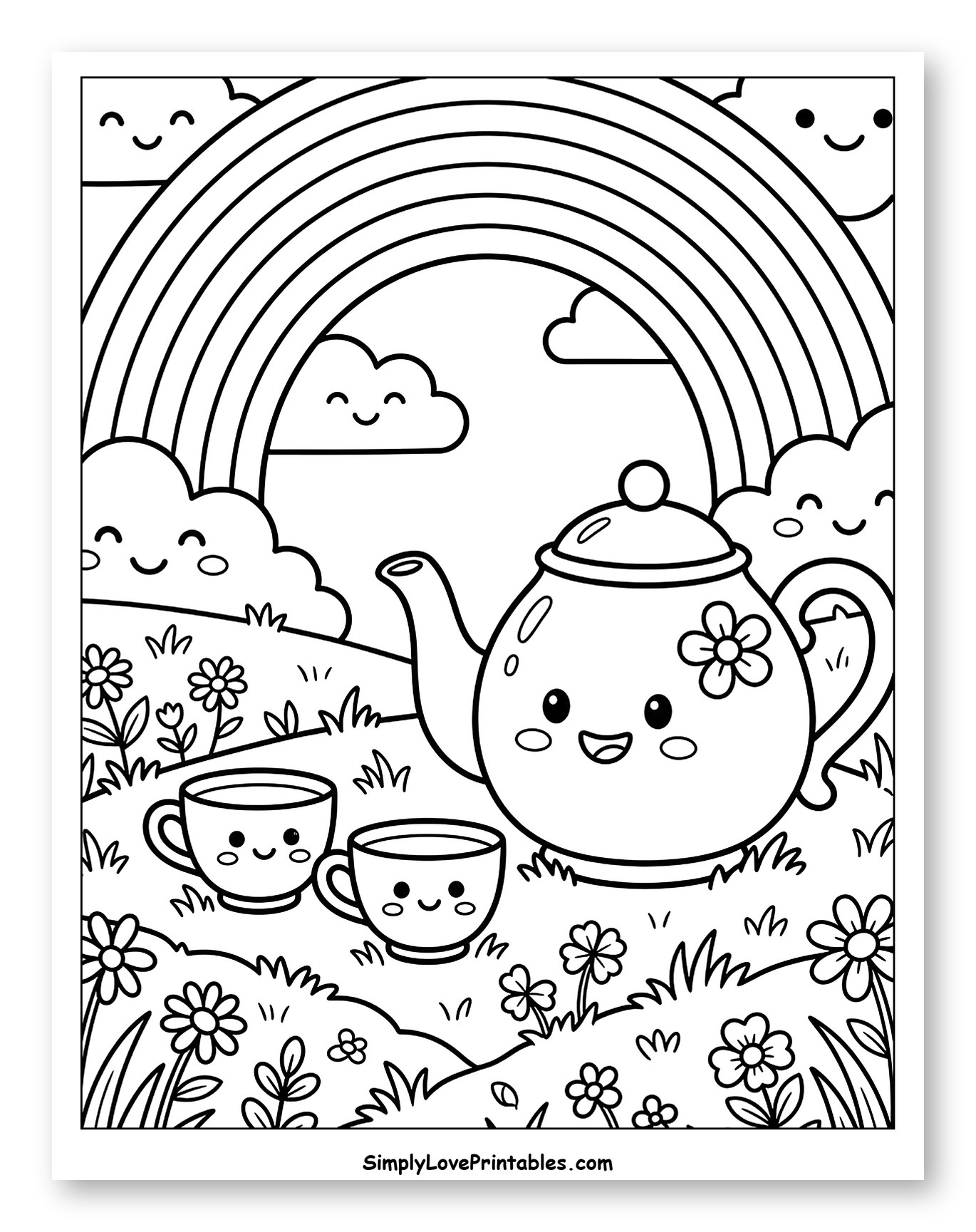 Cute Teapot and Teacups Picnic Under Rainbow