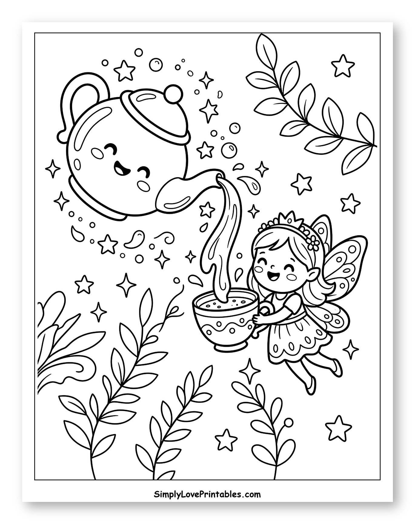 Cute Teapot Pouring Tea for a Fairy Coloring Page for Kids