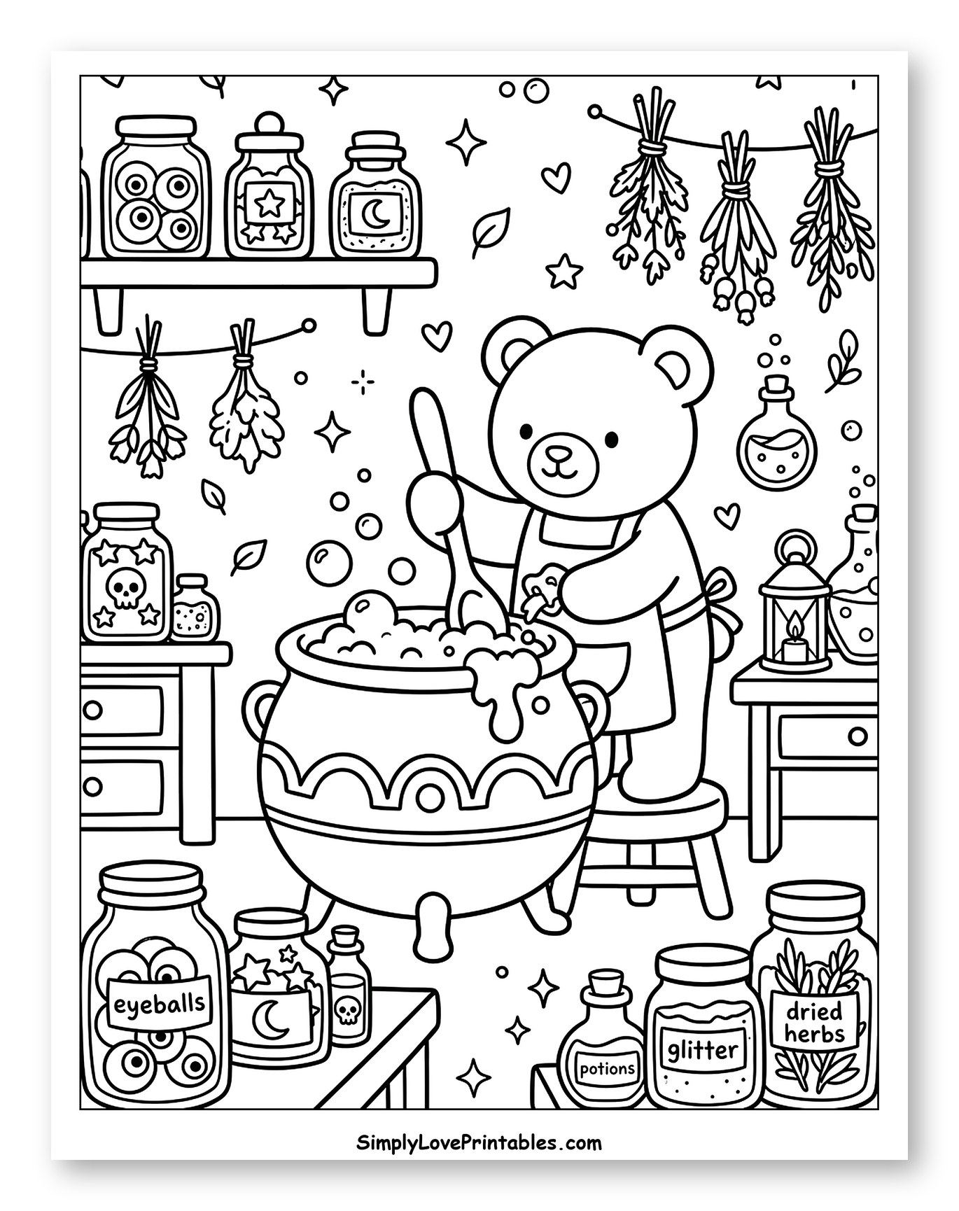Cute Teddy Bear Brewing Potion Coloring Sheet for Adults