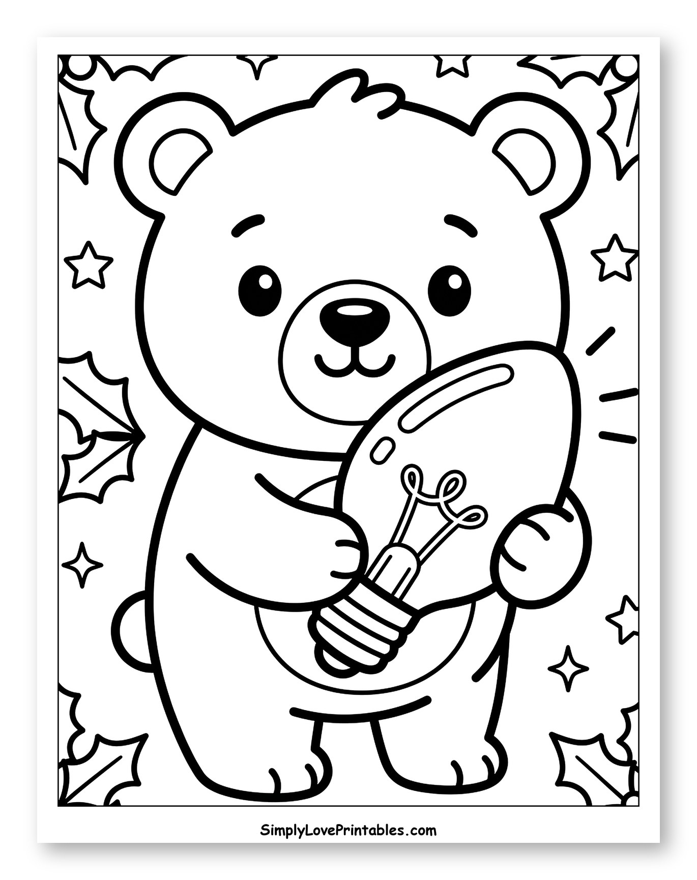 Cute Teddy Bear Holding a Christmas Light Bulb to Color for Toddlers