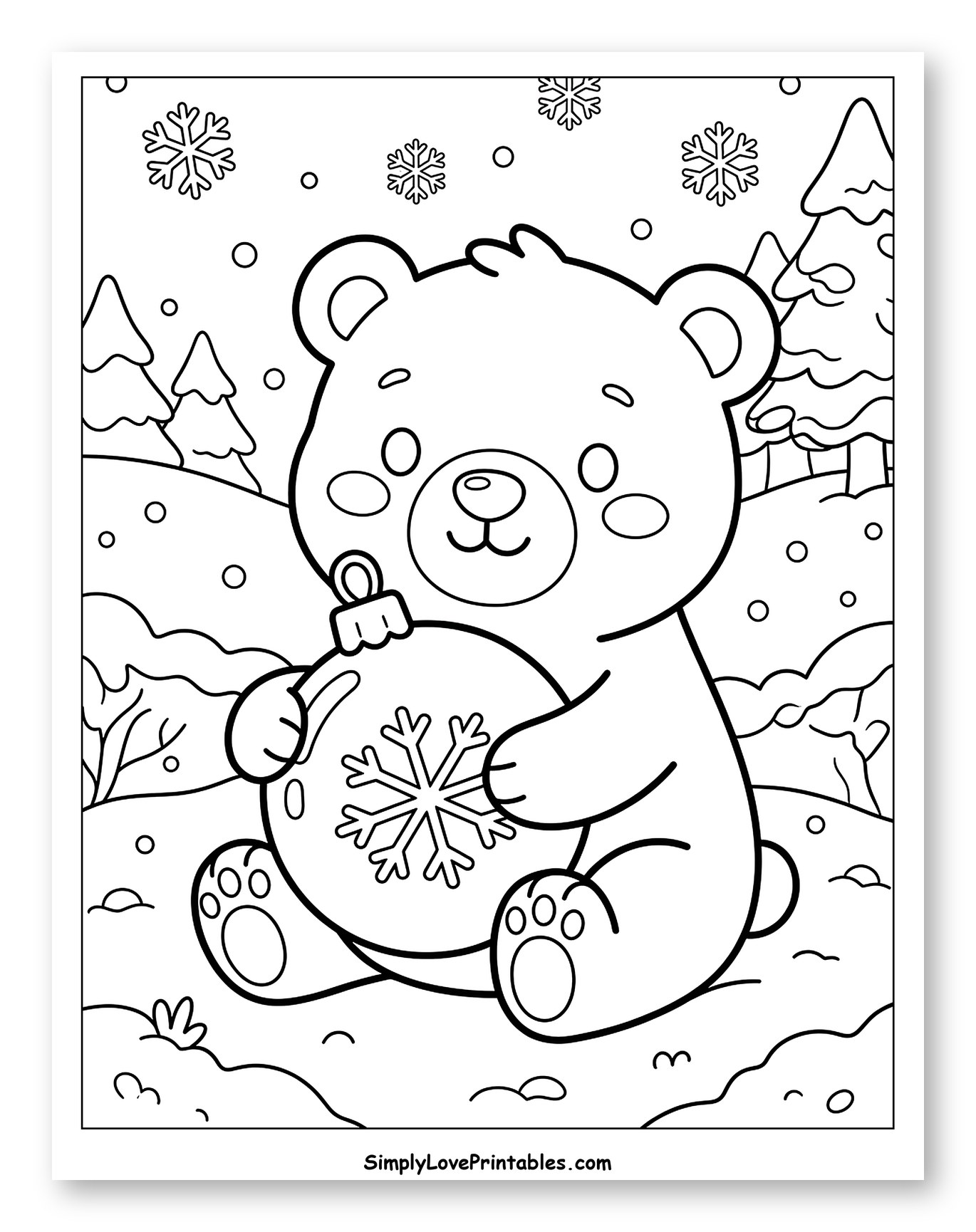 Cute Teddy Bear Holding a Snowflake Ornament Coloring Sheet for Kids