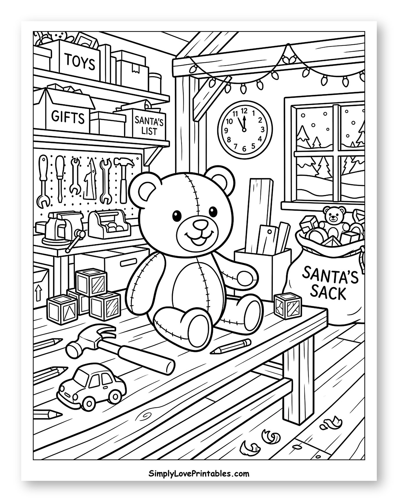 Cute Teddy Bear in Santa's Busy Workshop Coloring Page for Kids