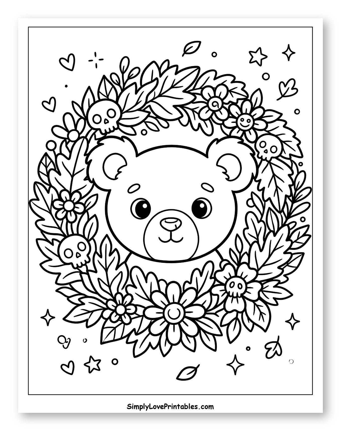 Cute Teddy Bear in Skull and Flower Wreath