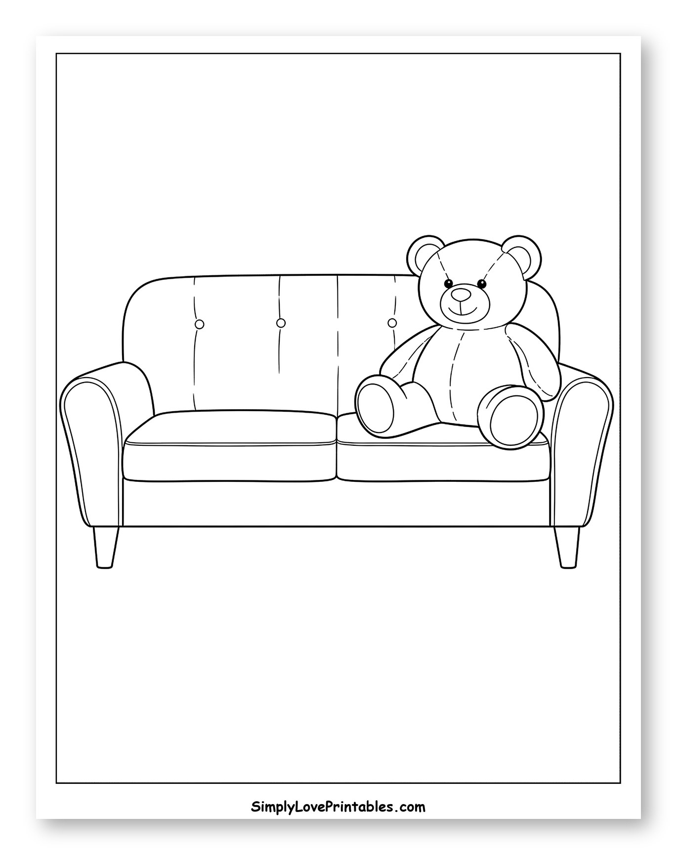 Cute Teddy Bear on a Tufted Sofa Coloring Page for Toddlers