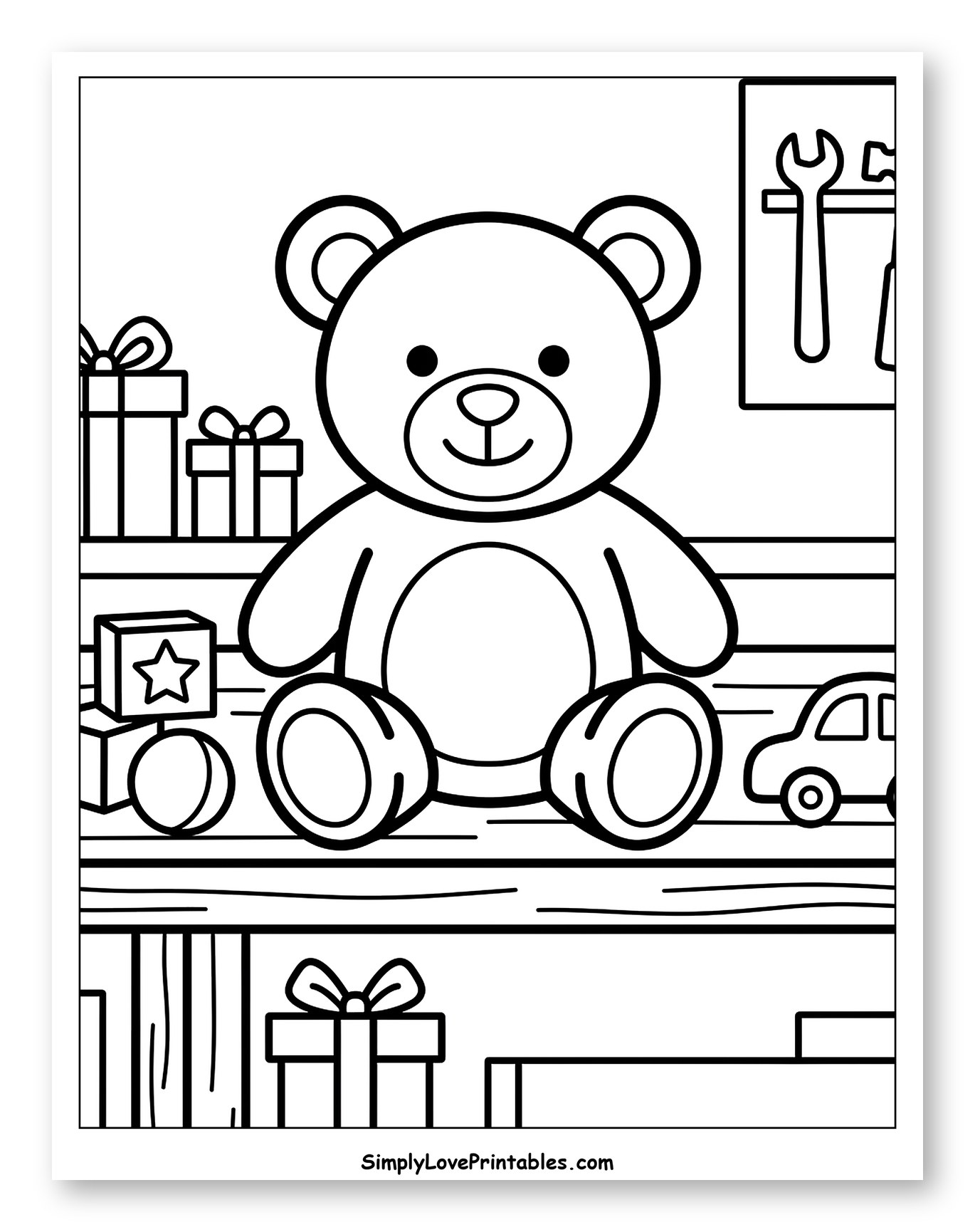 Cute Teddy Bear on a Workshop Toy Shelf to Color for Toddlers