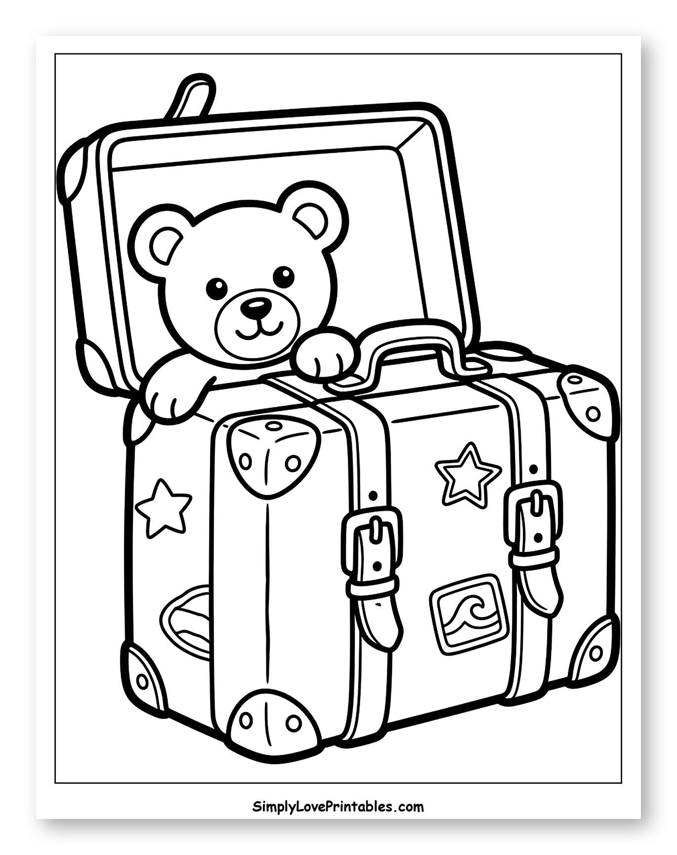 Cute Teddy Bear Peeking from Open Suitcase to Color for Toddlers