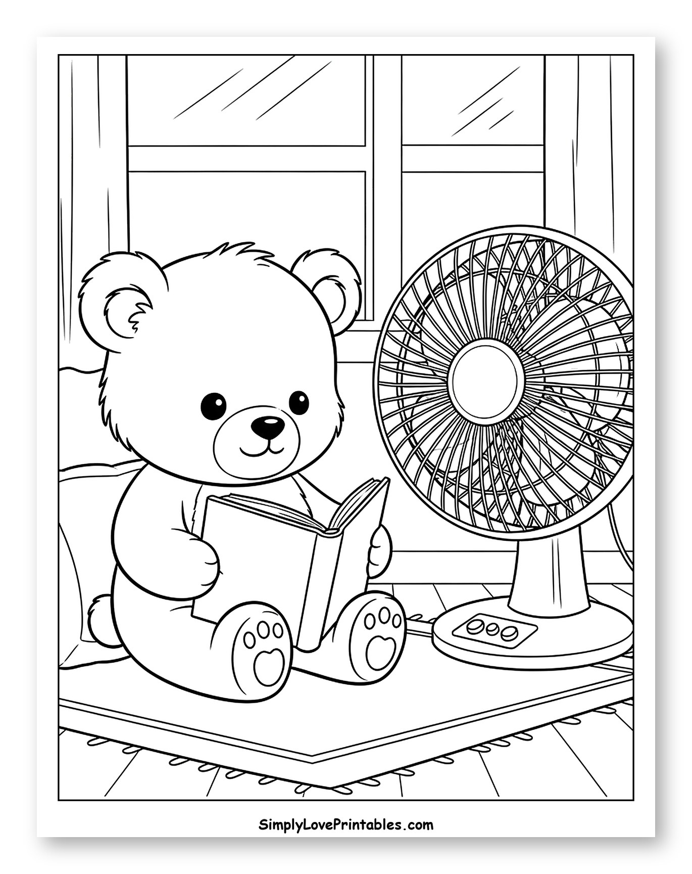 Cute Teddy Bear Reading Book with a Fan Coloring Page for Kids