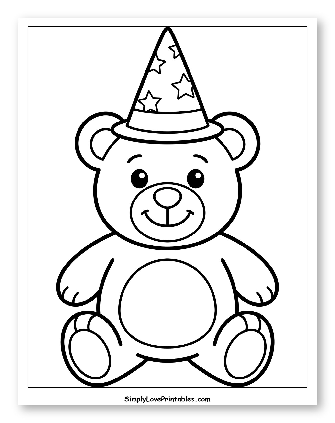 Cute Teddy Bear Wearing a Party Hat Coloring Sheet for Toddlers