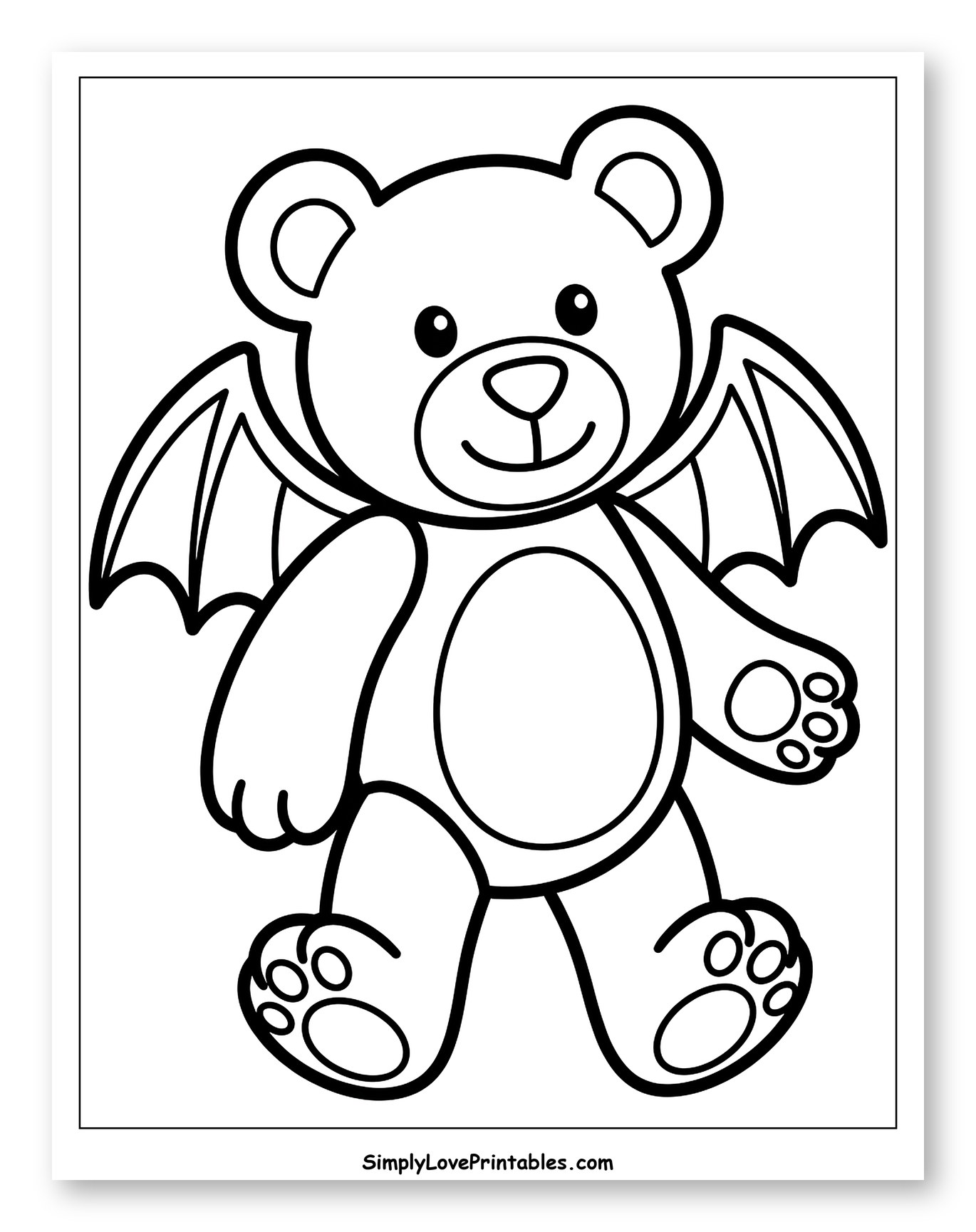 Cute Teddy Bear with Bat Wings Coloring Page for Toddlers