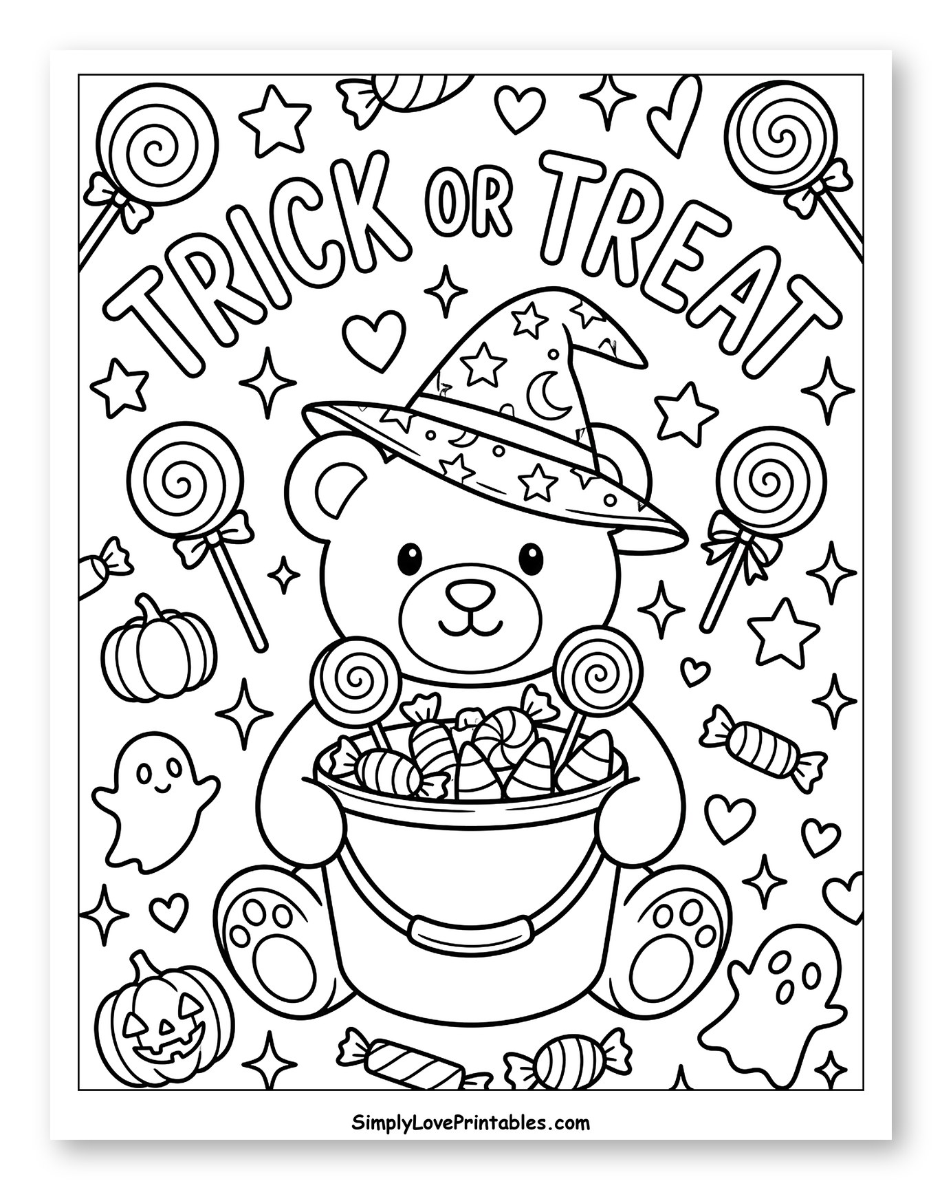 Cute Teddy Bear with Halloween Candy Bucket Coloring Page for Adults