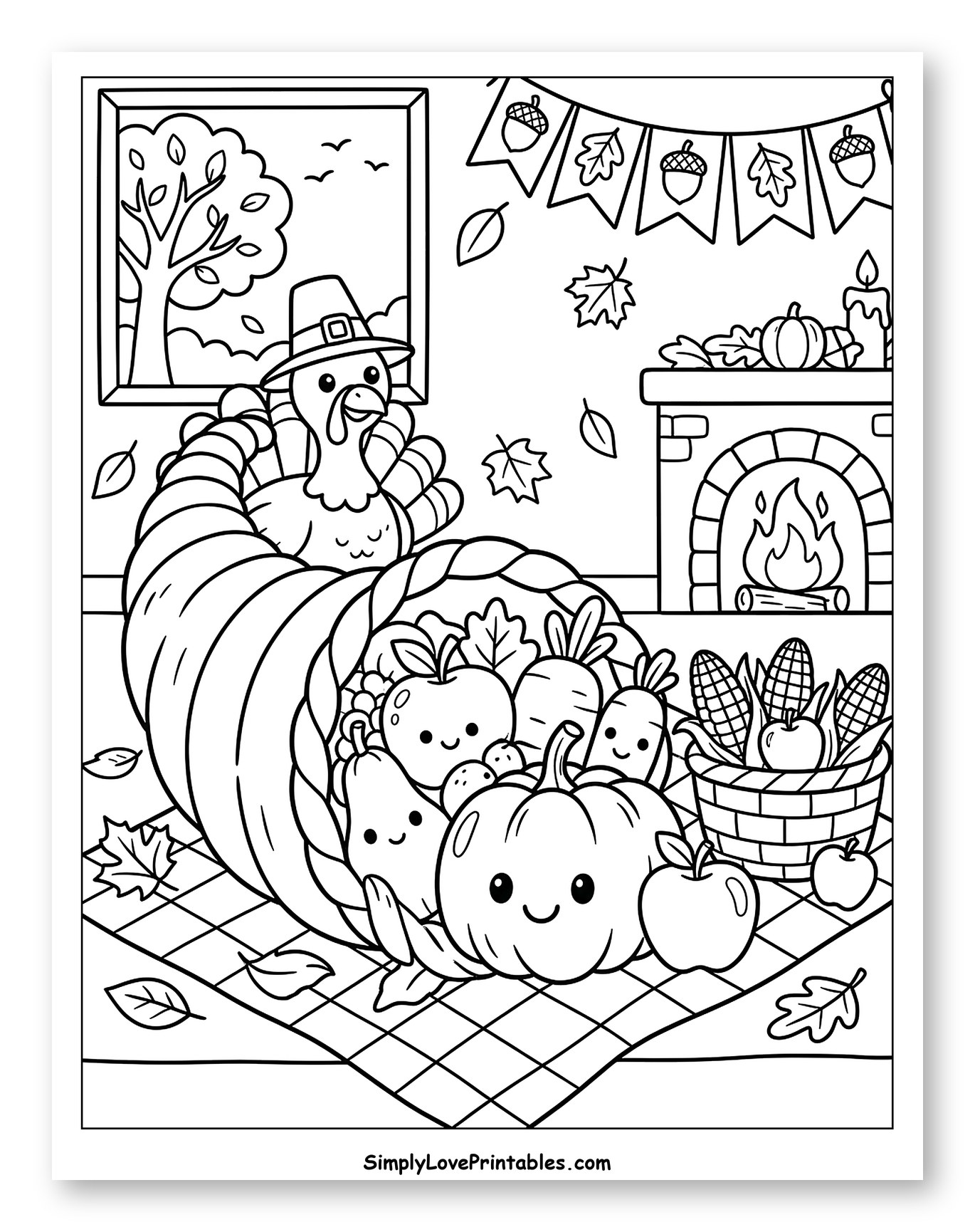 Cute Thanksgiving Feast with Turkey and Cornucopia to Color for Kids