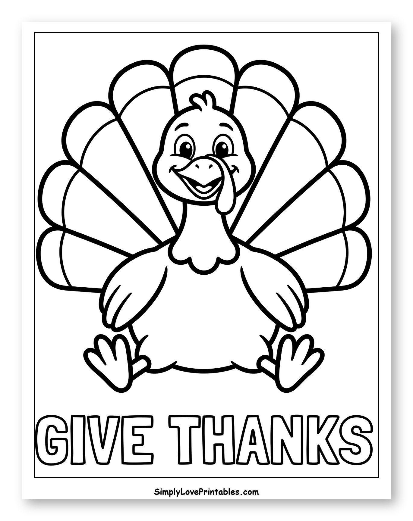 Cute Thanksgiving Turkey and Give Thanks Text Coloring Sheet for Toddlers
