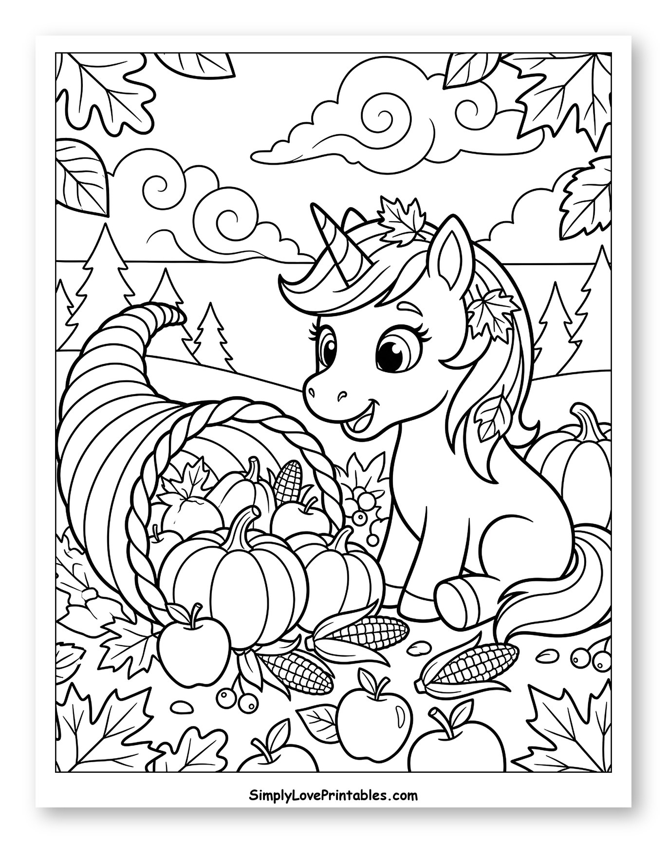 Cute Thanksgiving Unicorn and Harvest Cornucopia Coloring Page for Kids