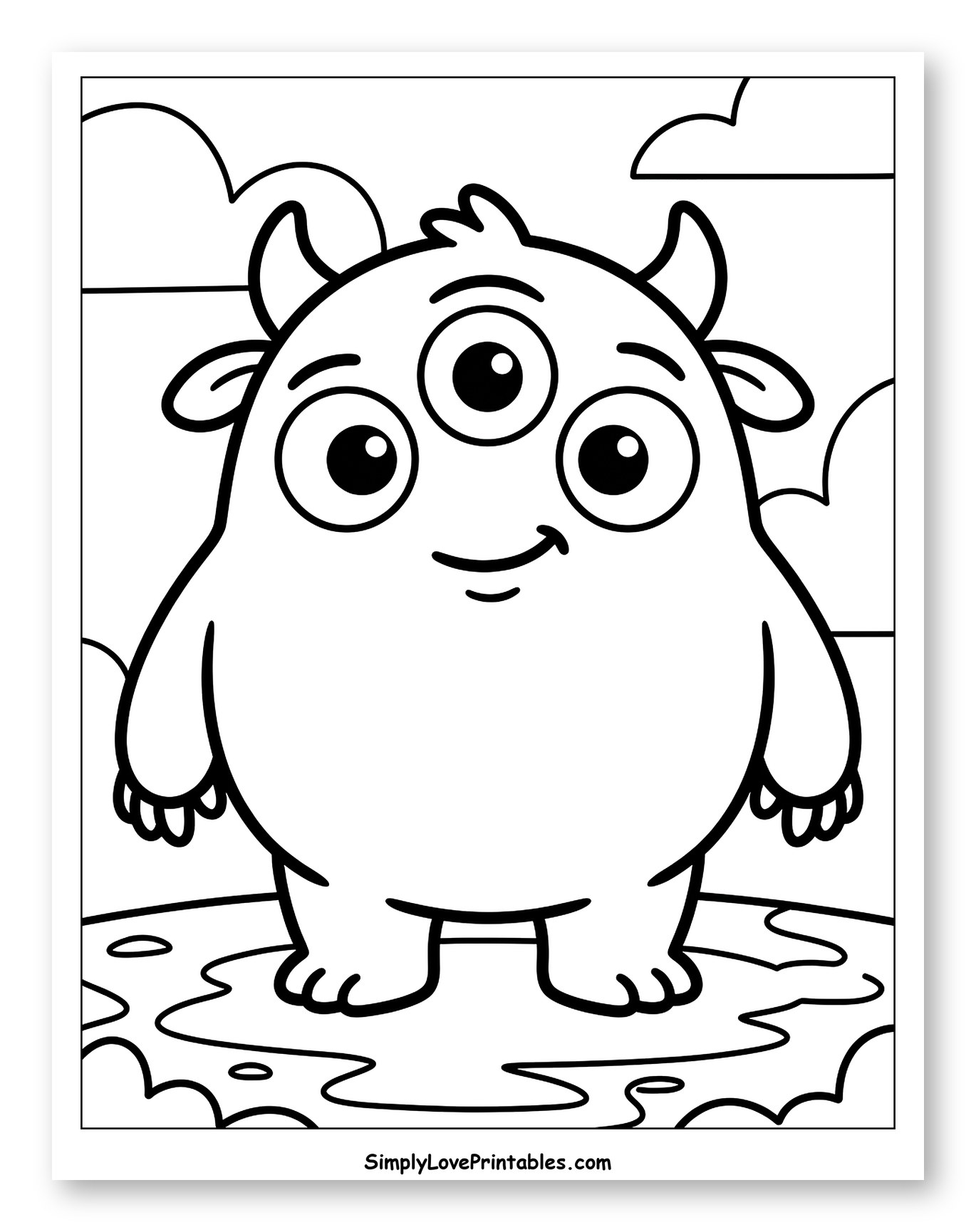 Cute Three-Eyed Monster Standing on Clouds