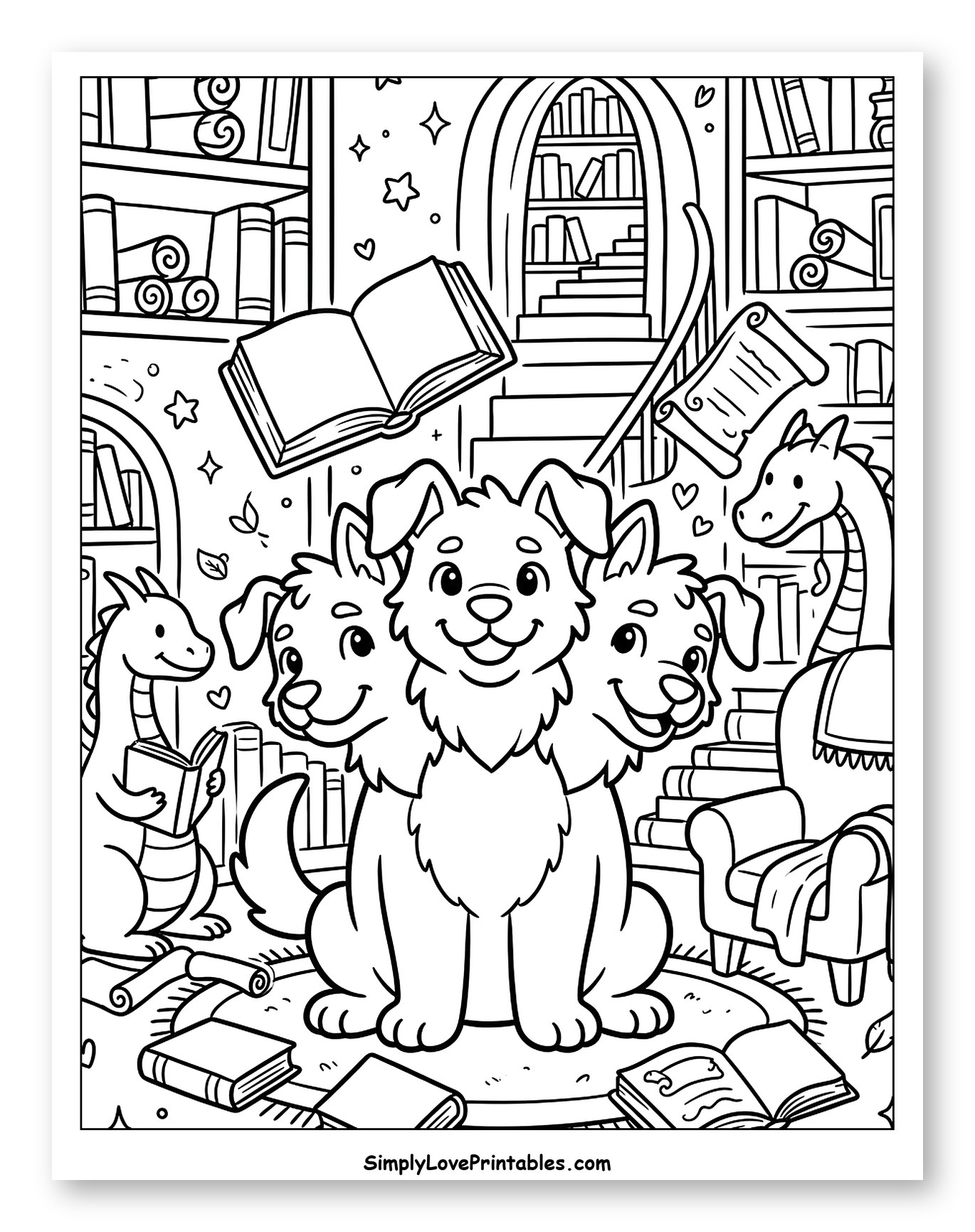 Cute Three-Headed Dog with Dragons in Library