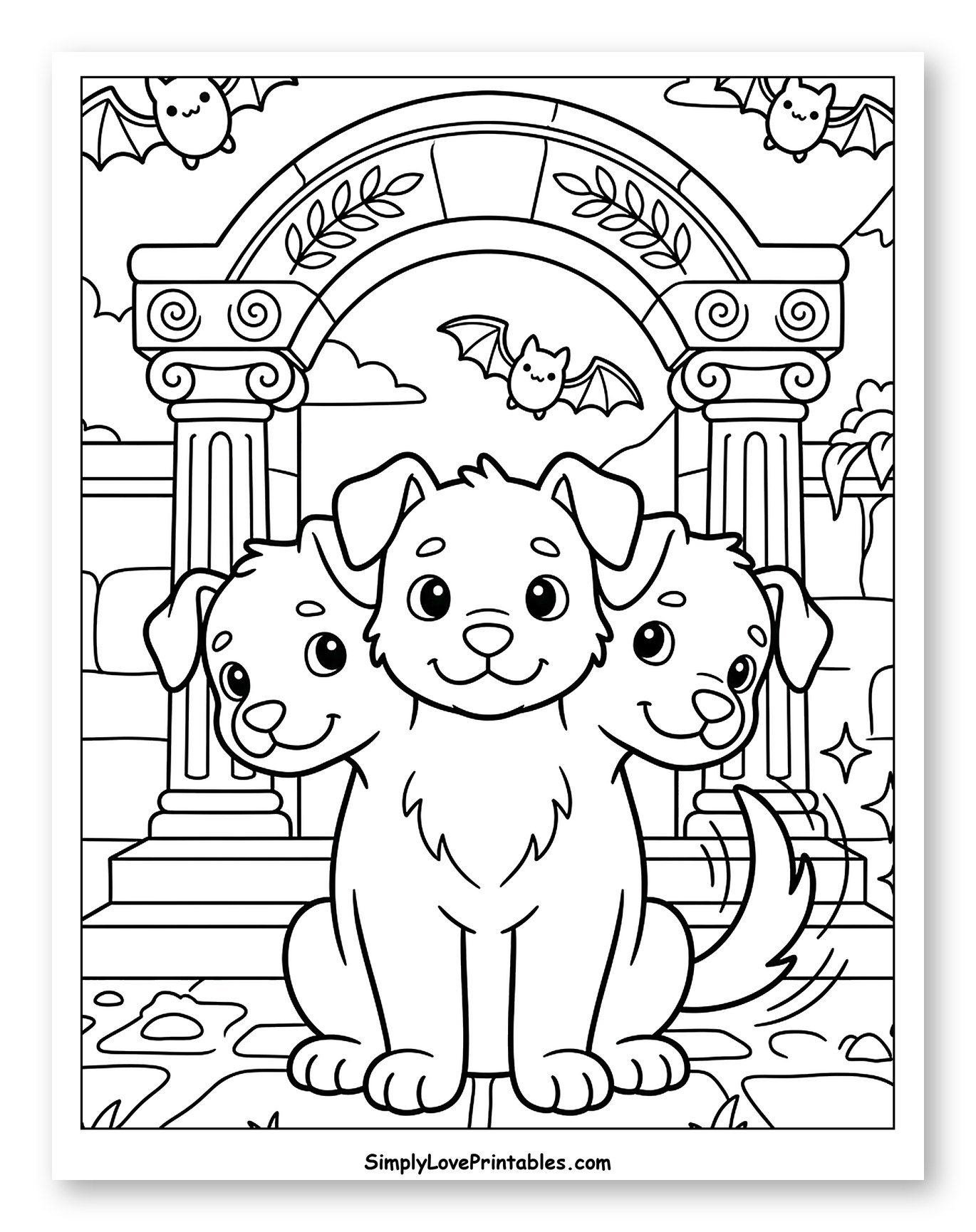 Cute Three-Headed Puppy Cerberus with Bats Coloring Page for Kids