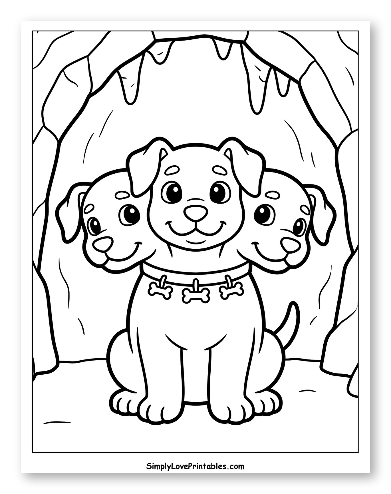 Cute Three-Headed Puppy in Cave Coloring Page for Toddlers