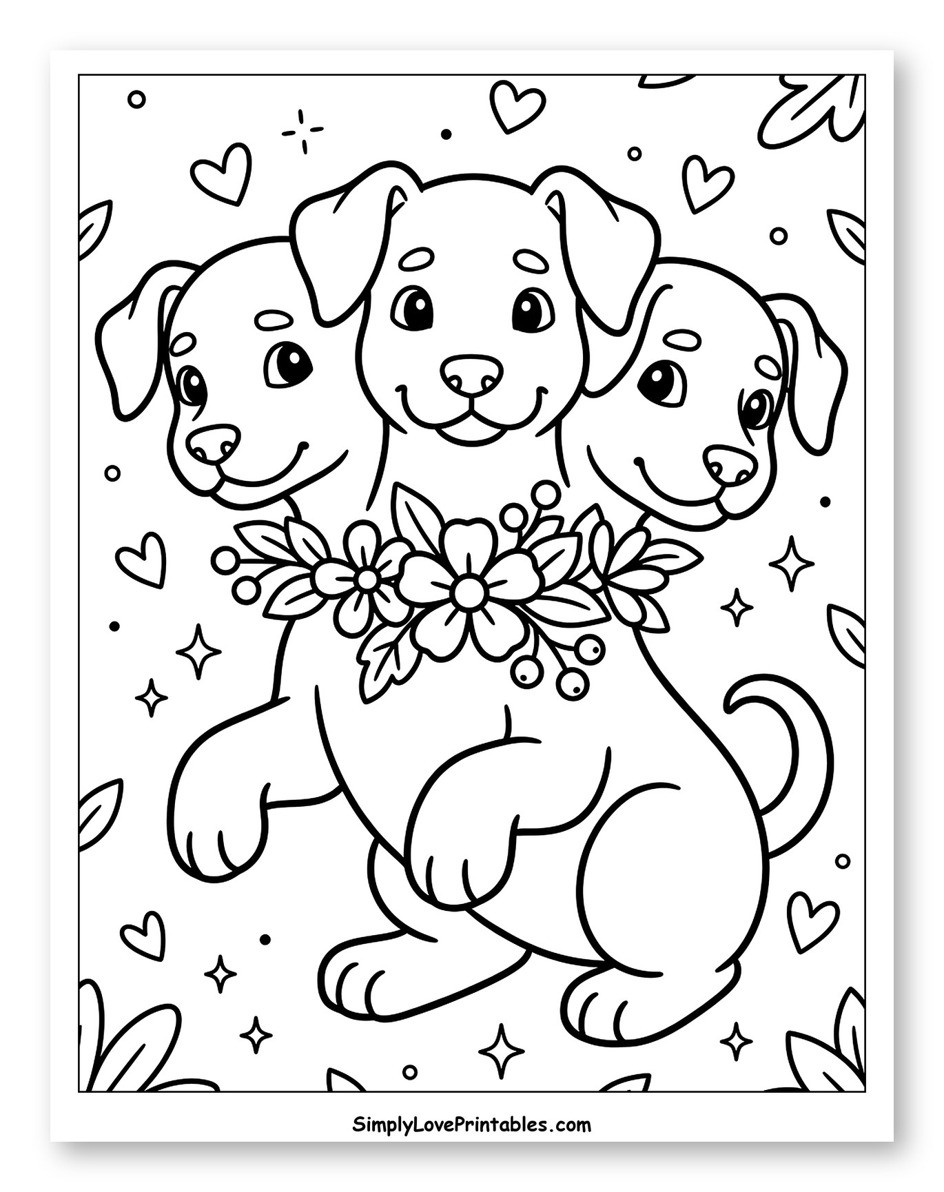 Cute Three-Headed Puppy with Flower Wreath