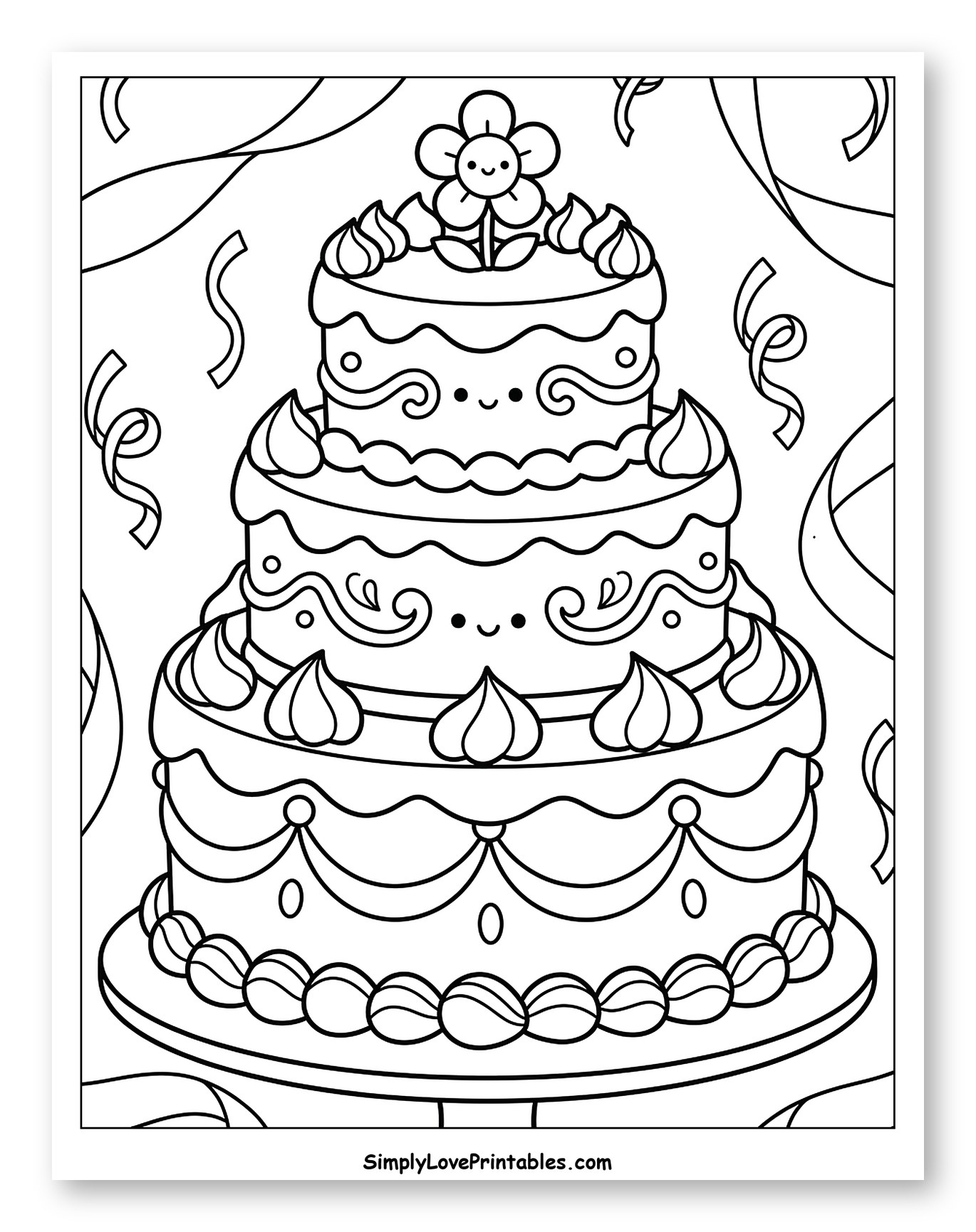 Cute Three-Tiered Cake with Flower and Streamers Coloring Sheet for Kids