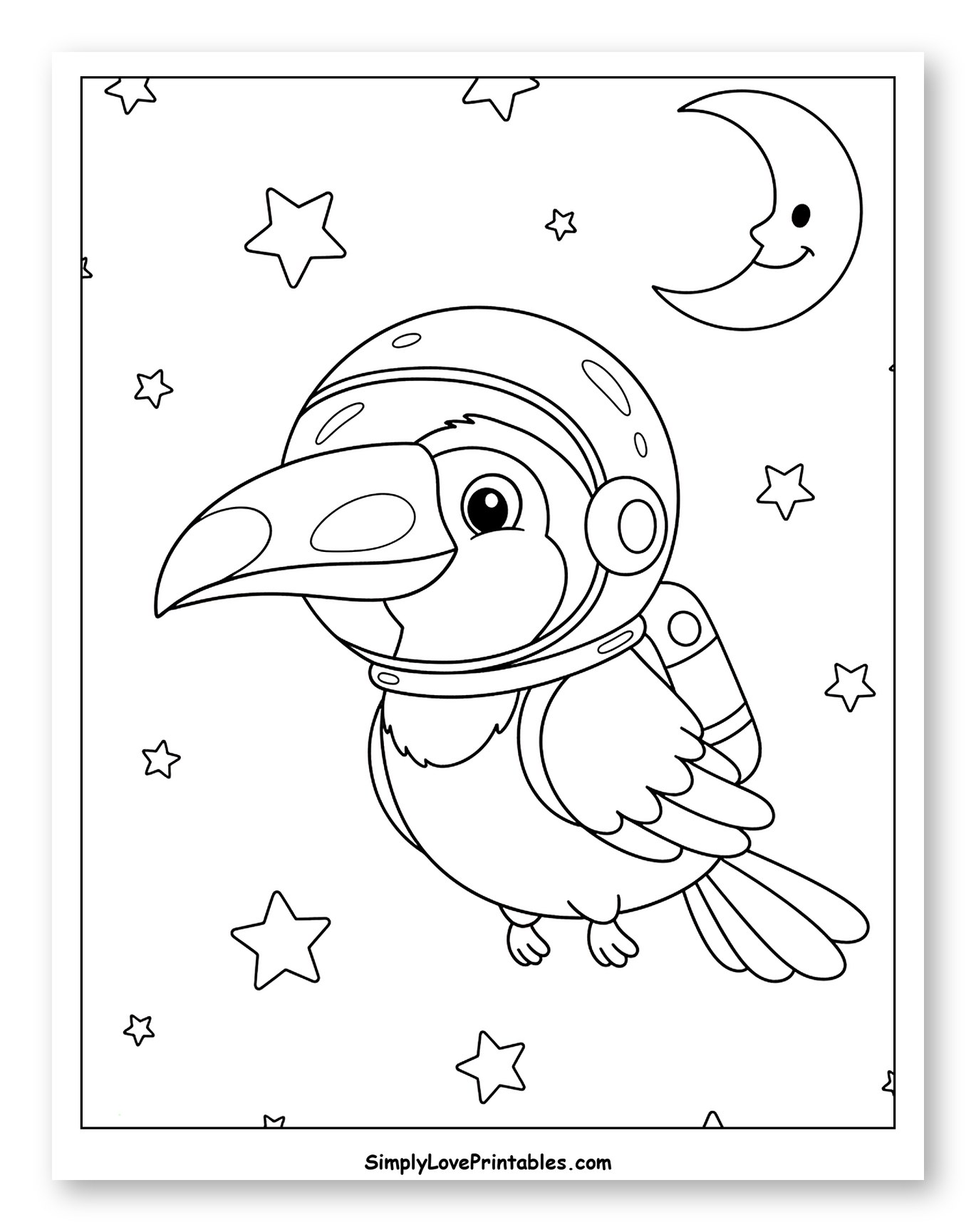 Cute Toucan Astronaut Flying with Stars to Color for Kids