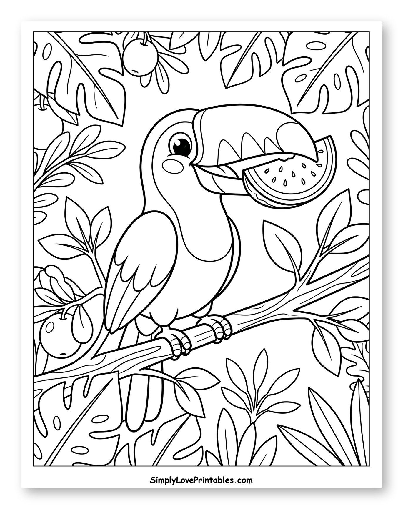 Cute Toucan Eating Watermelon in Jungle