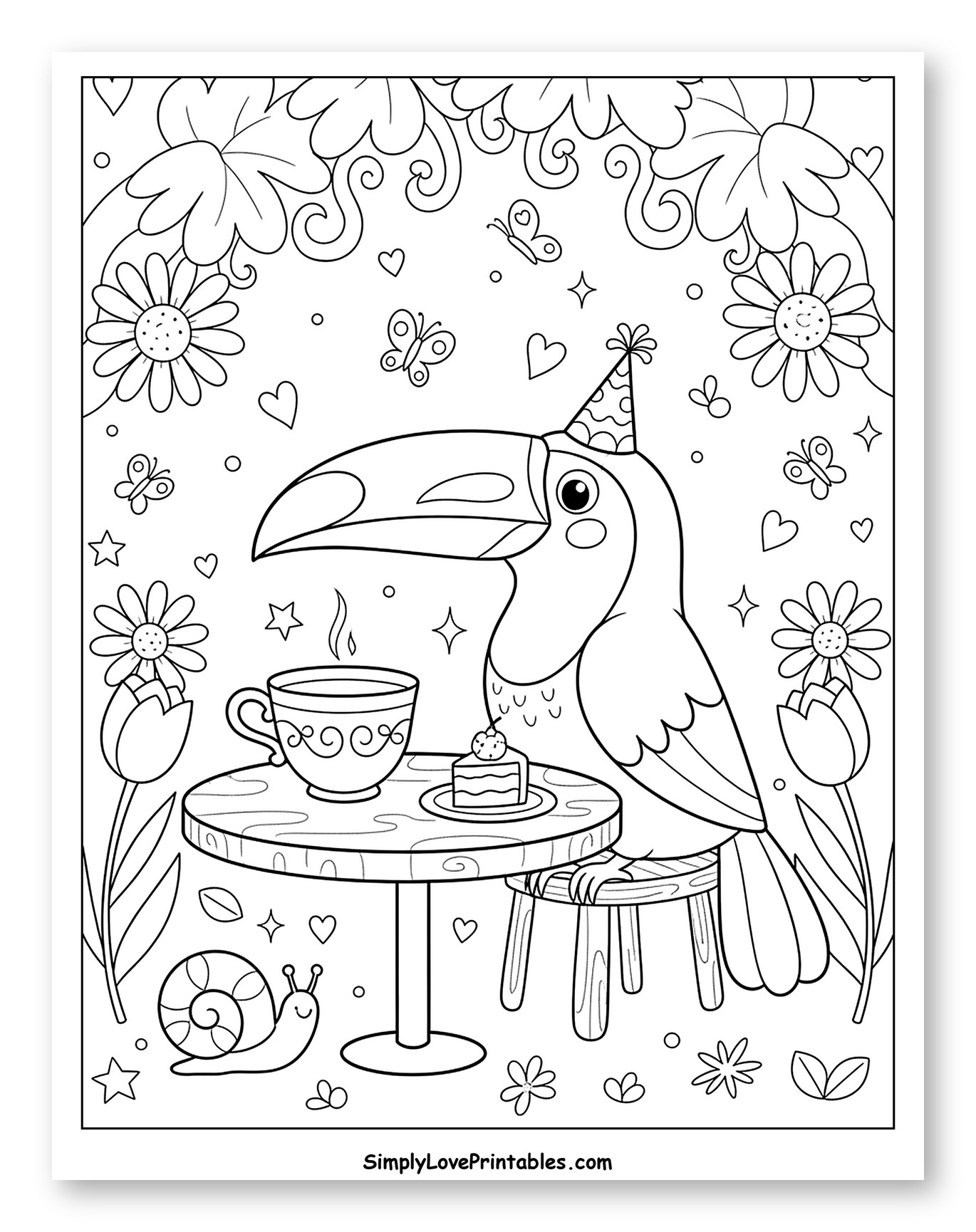 Cute Toucan Enjoying a Birthday Tea Party Coloring Sheet for Adults