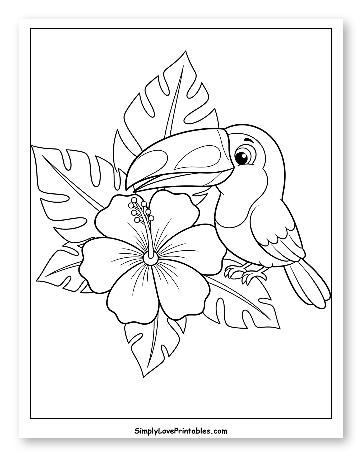 Cute Toucan Perched by Hibiscus and Tropical Leaves