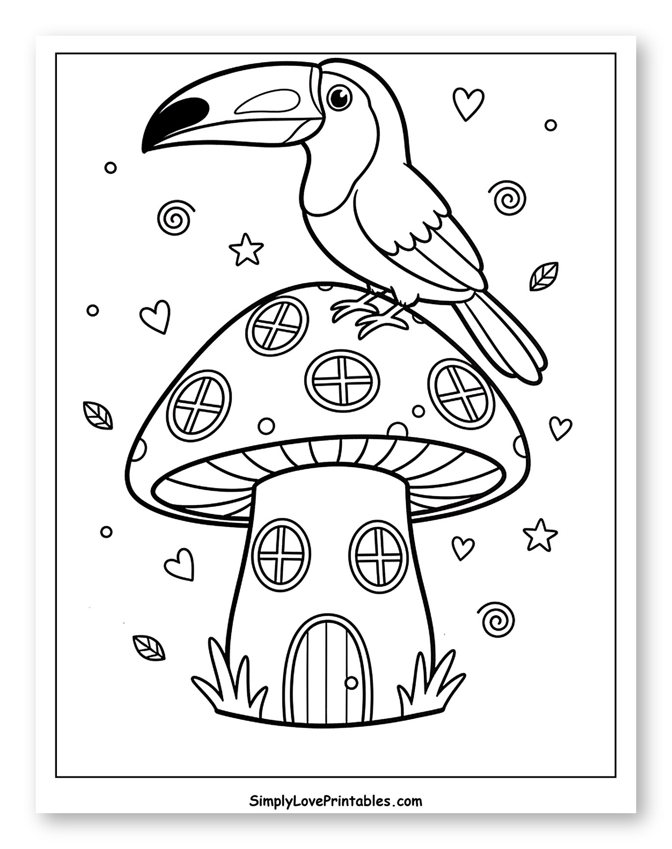 Cute Toucan Perched on a Whimsical Mushroom House Coloring Page for Adults
