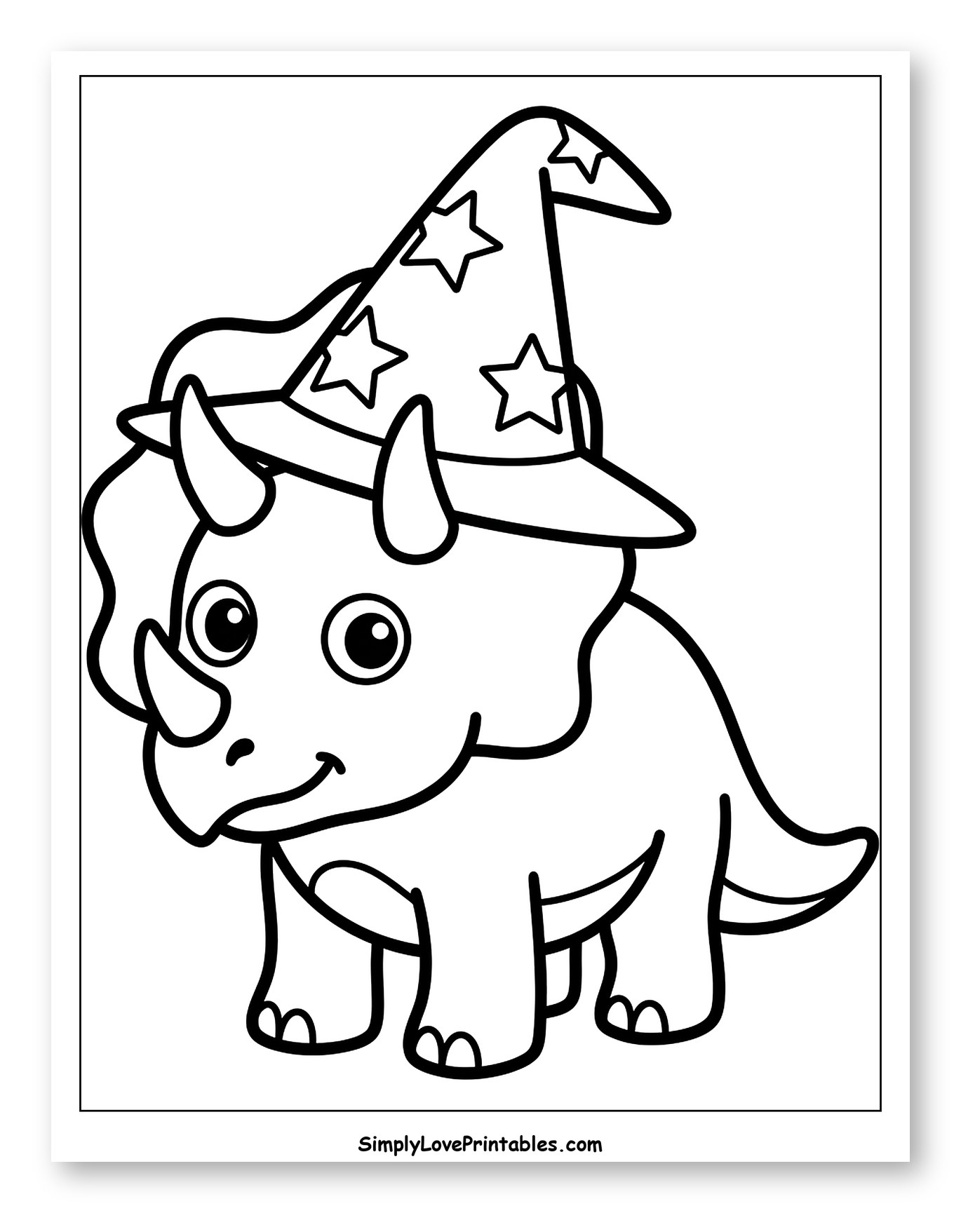 Cute Triceratops Dinosaur Wearing a Starry Wizard Hat Coloring Sheet for Toddlers