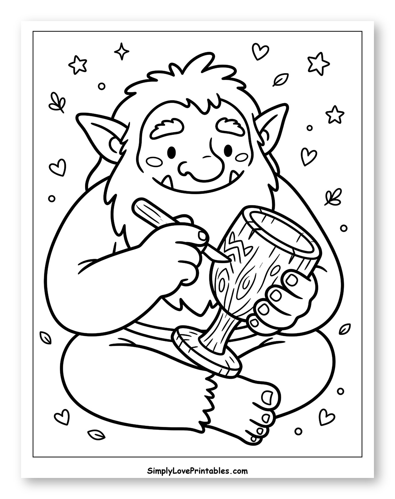 Cute Troll Carving a Wooden Goblet Coloring Sheet for Adults