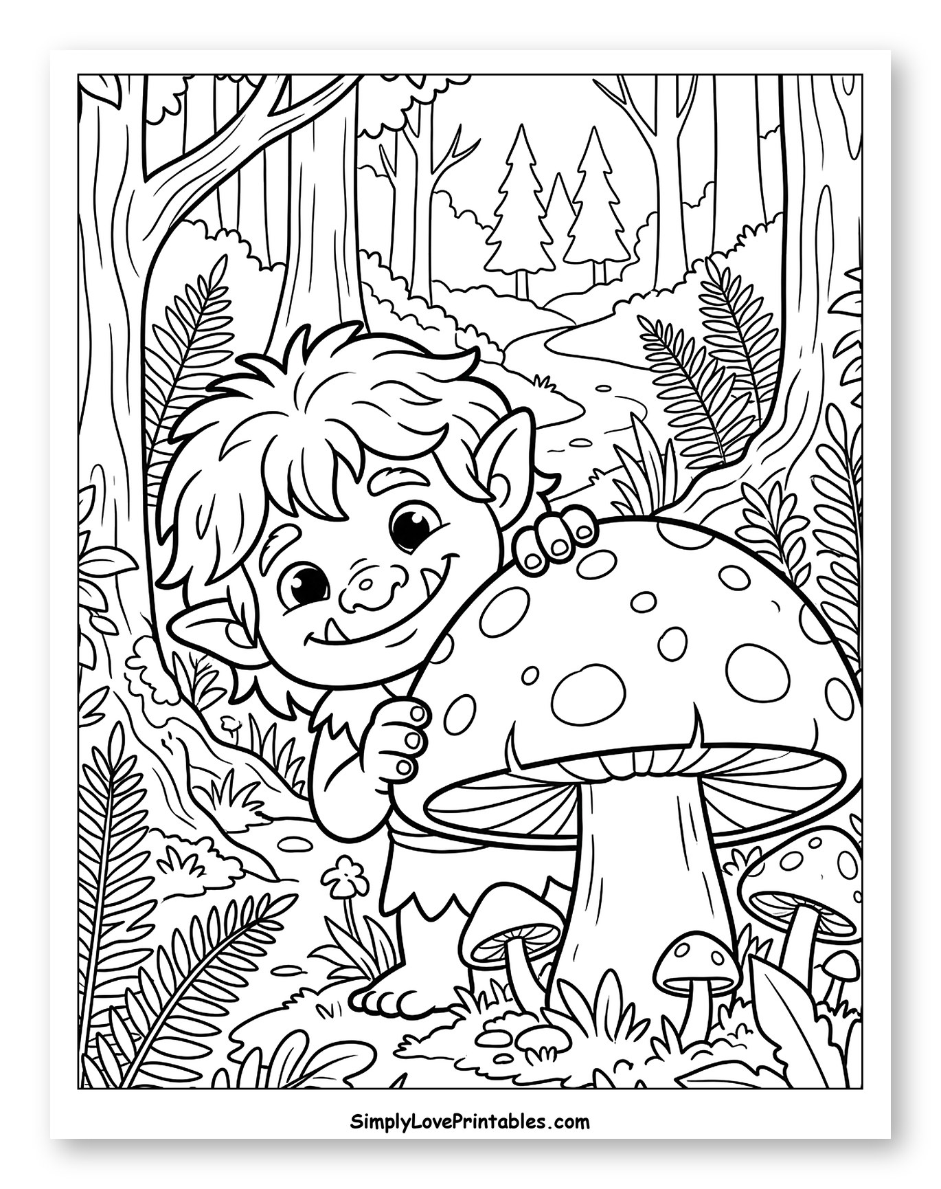 Cute Troll Peeking Behind Mushroom in Forest Coloring Page for Kids