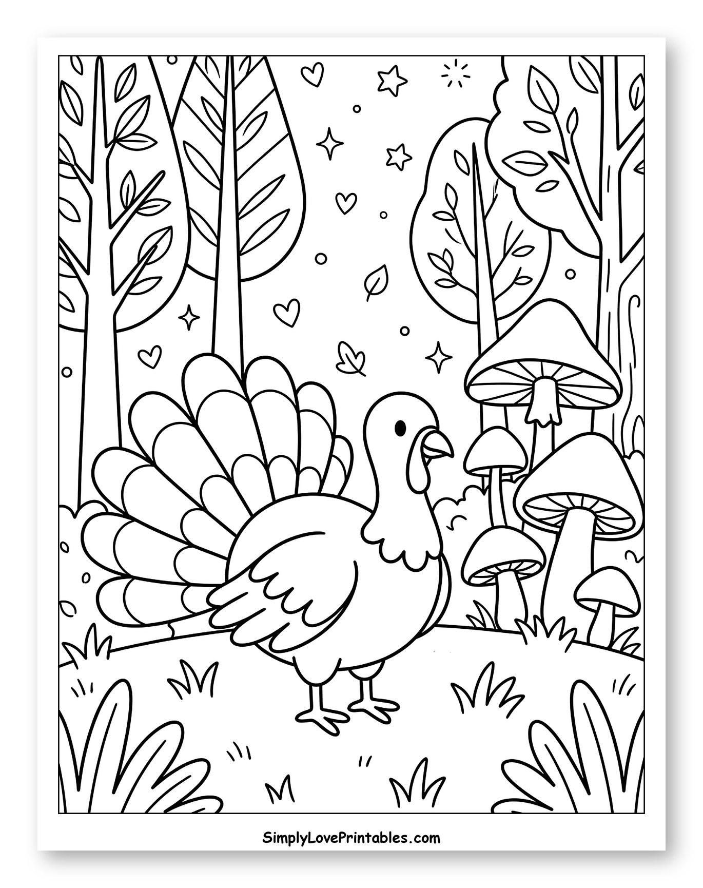 Cute Turkey in a Whimsical Forest Coloring Sheet for Adults