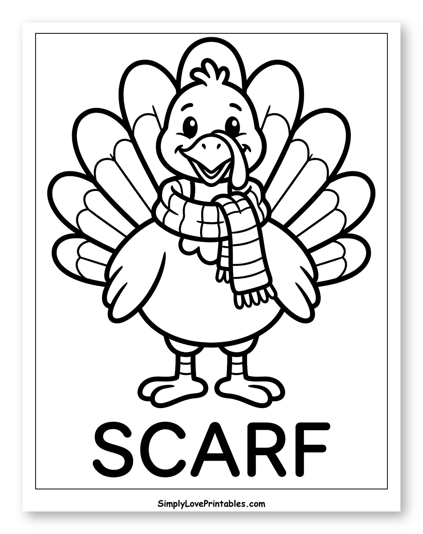 Cute Turkey Wearing a Striped Scarf to Color for Toddlers