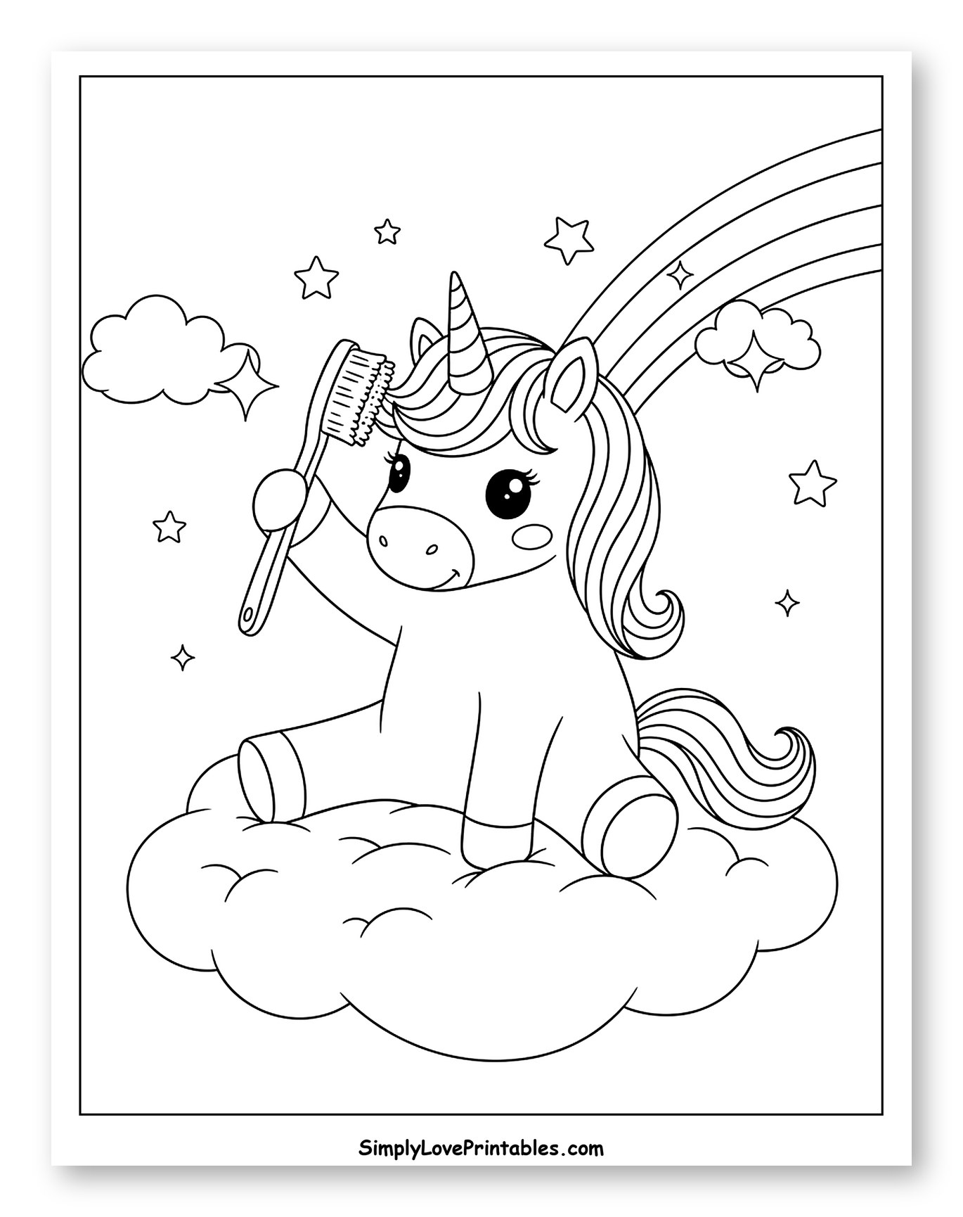 Cute Unicorn Brushing Mane on a Cloud to Color for Kids
