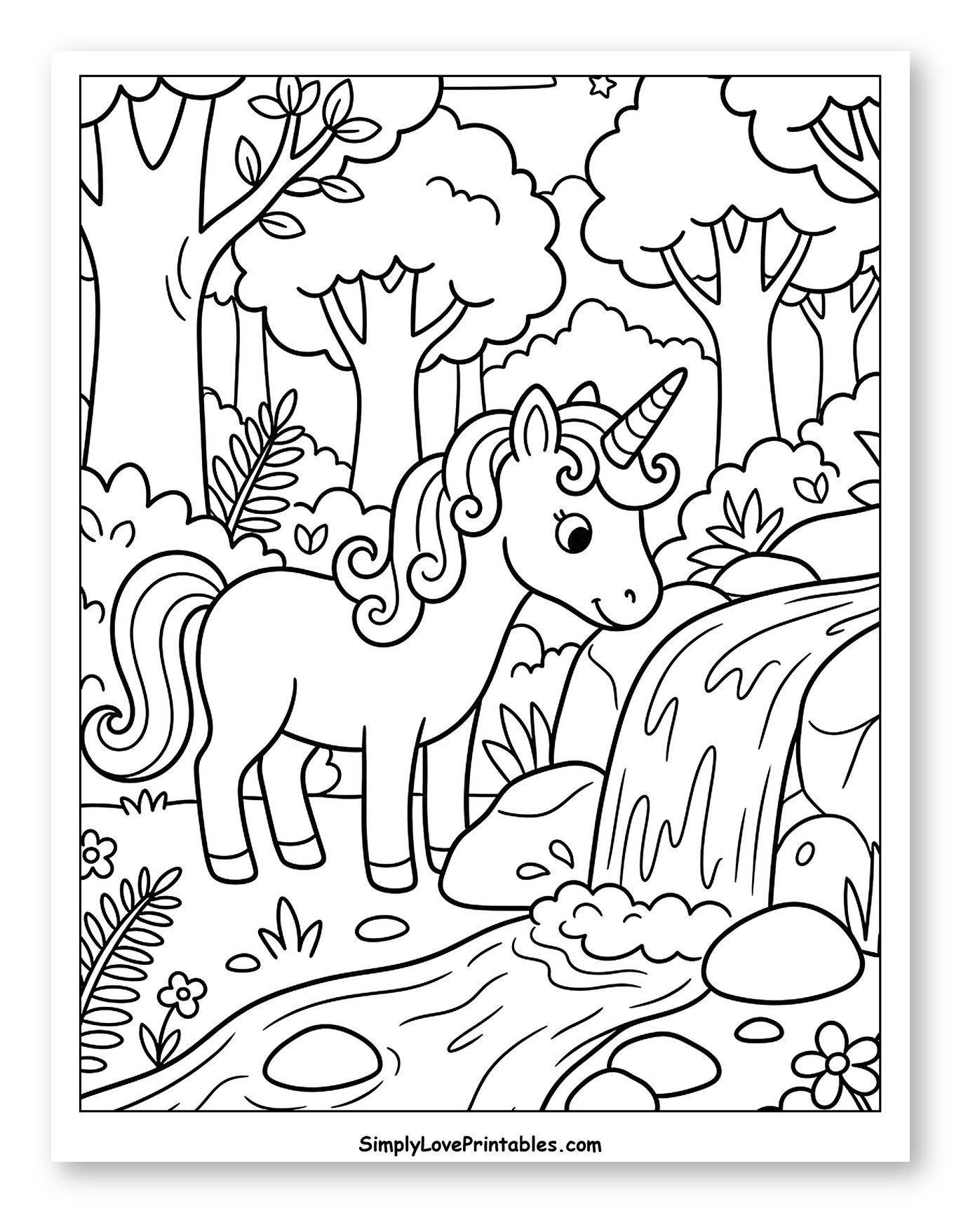 Cute Unicorn by a Forest Waterfall