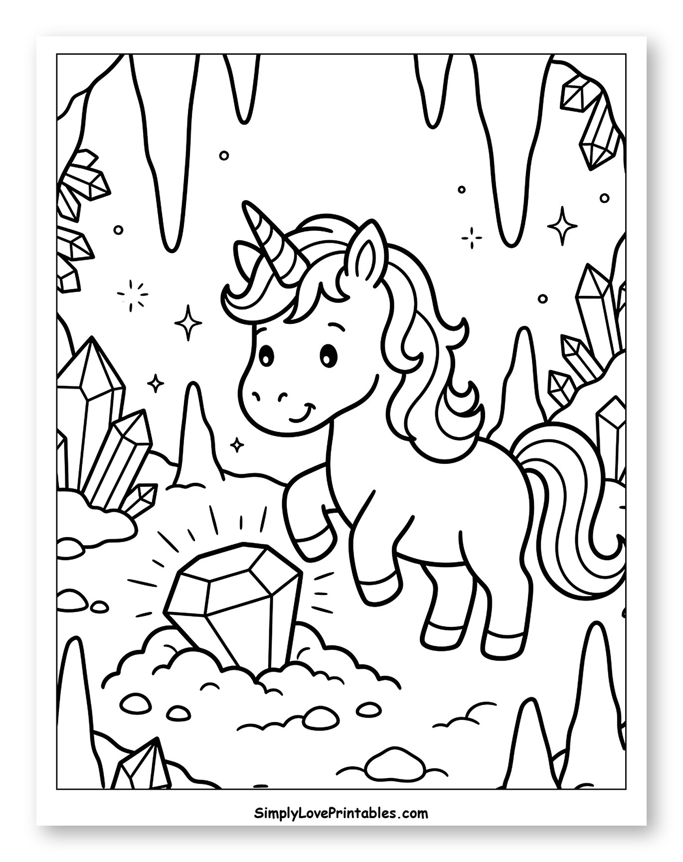 Cute Unicorn Discovering a Sparkling Diamond in a Cave Coloring Sheet for Kids