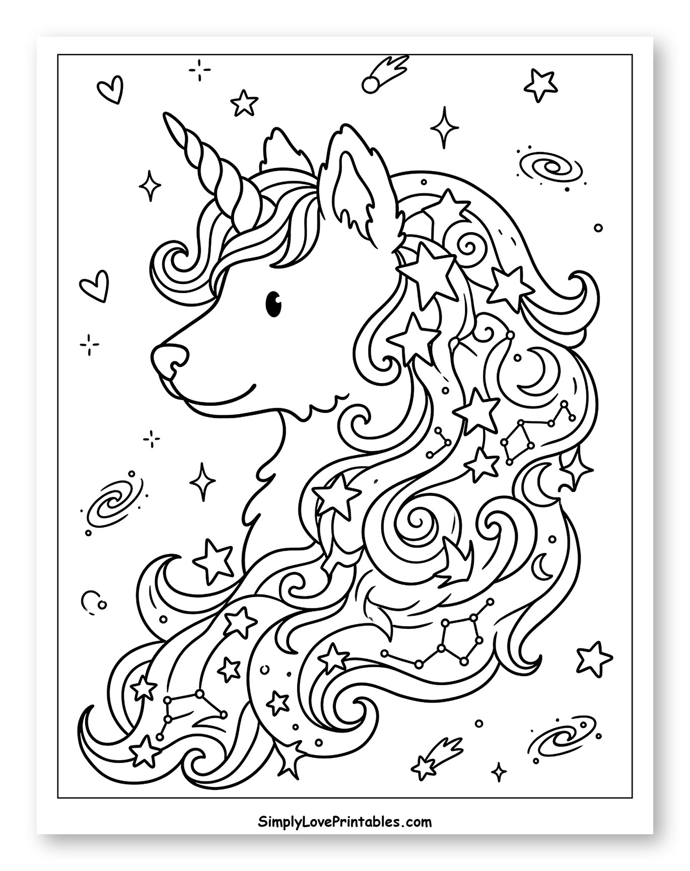 Cute Unicorn Dog Head with Constellation Mane Coloring Sheet for Adults