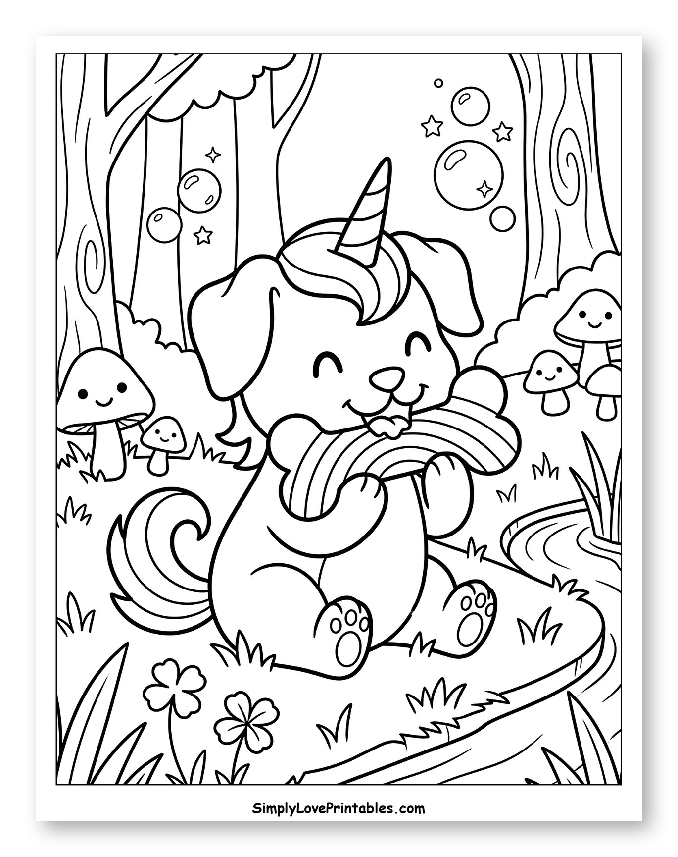 Cute Unicorn Dog Holding a Rainbow in Forest