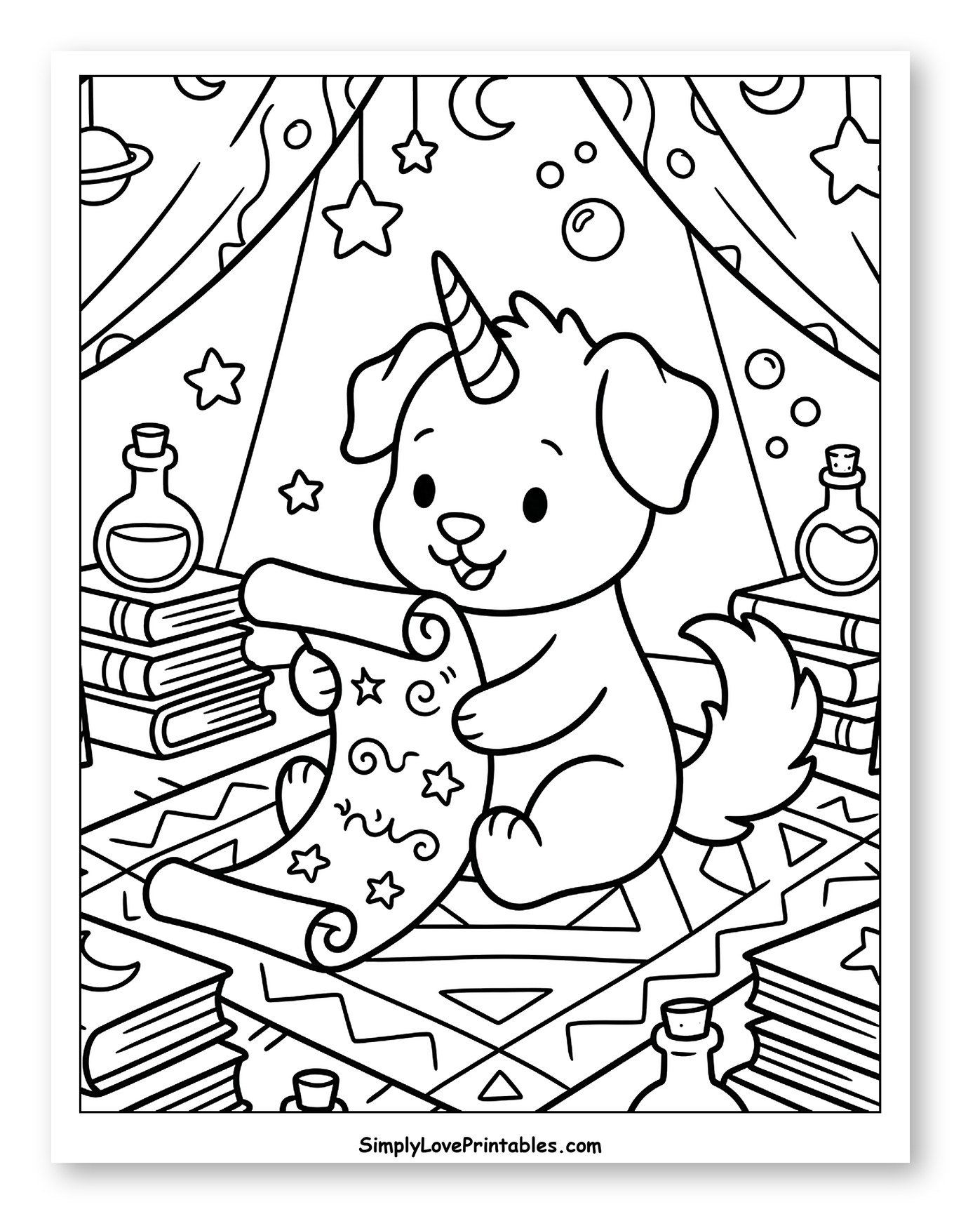 Cute Unicorn Dog Reading a Magical Scroll