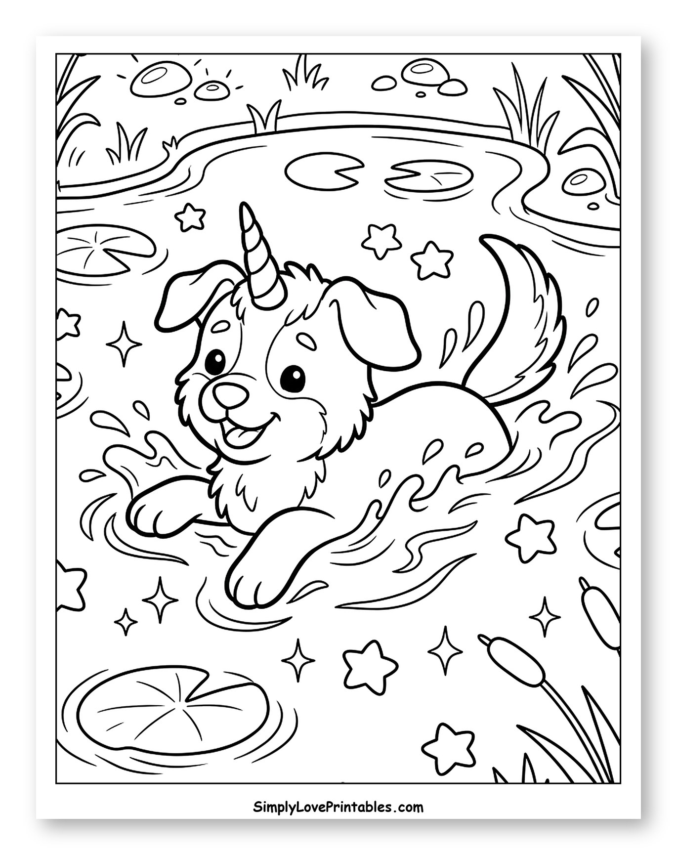 Cute Unicorn Dog Swimming in a Pond Coloring Page for Kids