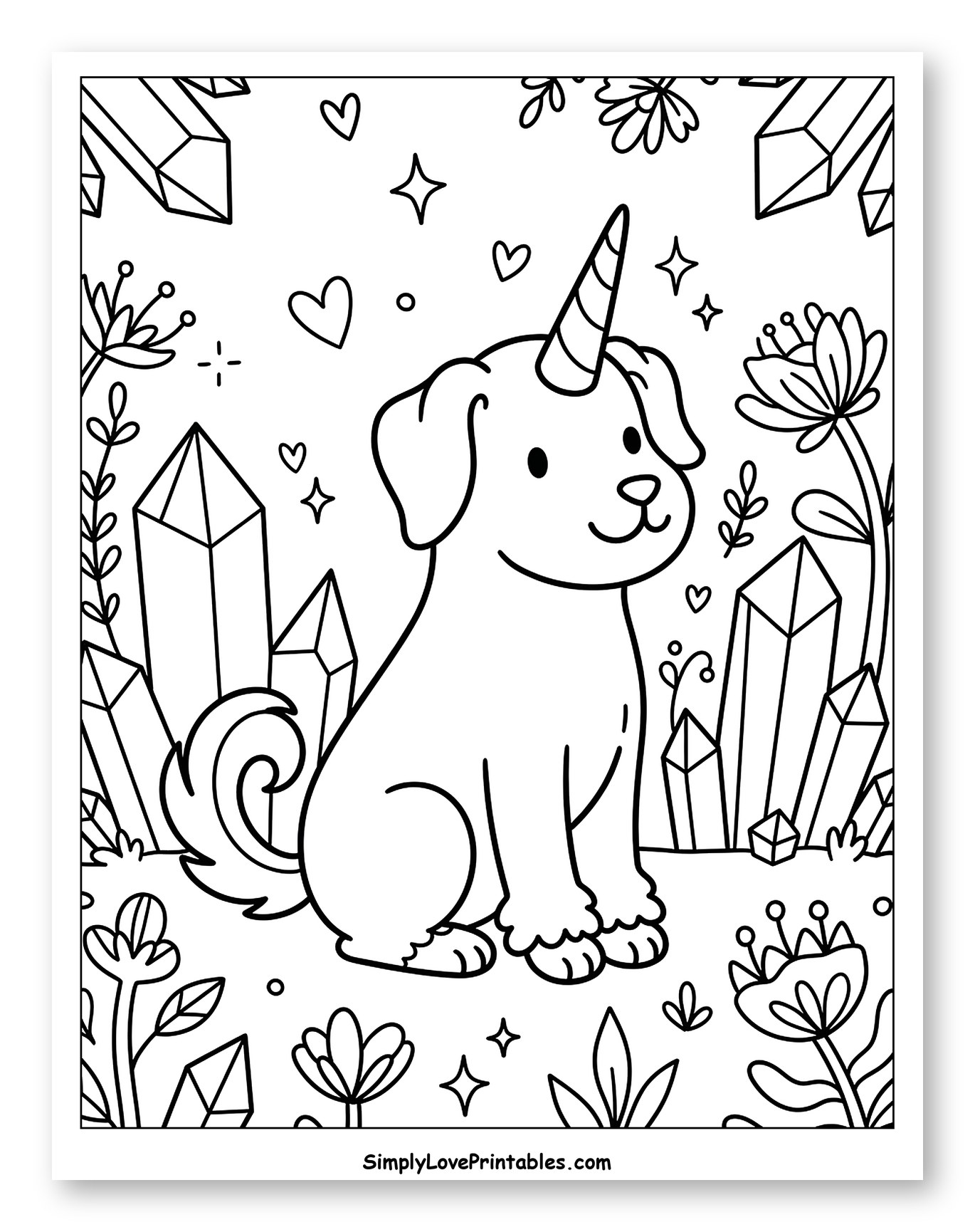 Cute Unicorn Dog with Crystals and Flowers Coloring Sheet for Adults