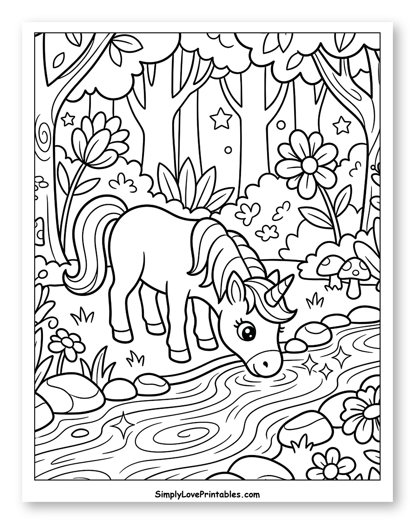 Cute Unicorn Drinking in a Forest