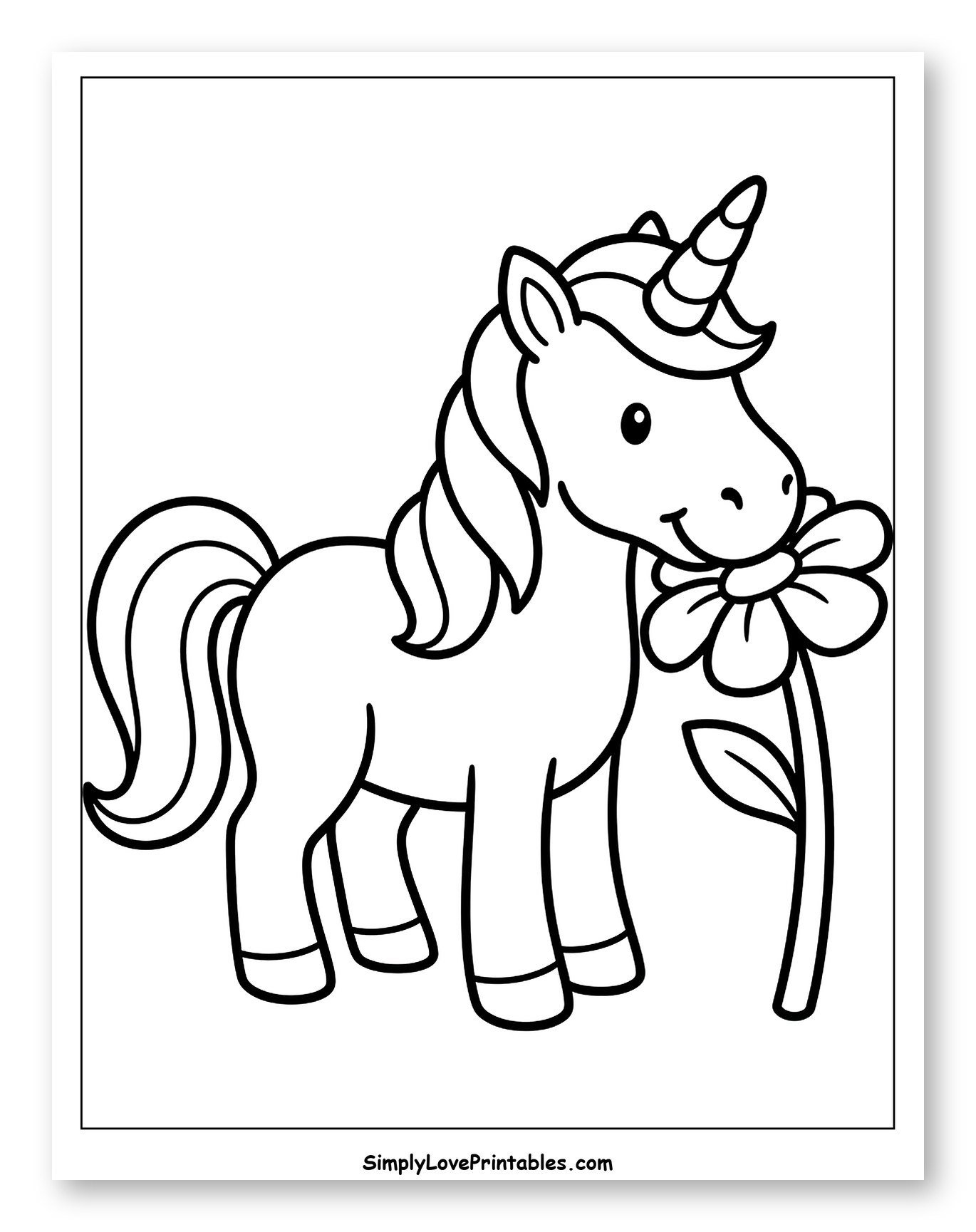 Cute Unicorn Holding a Flower Coloring Page for Toddlers