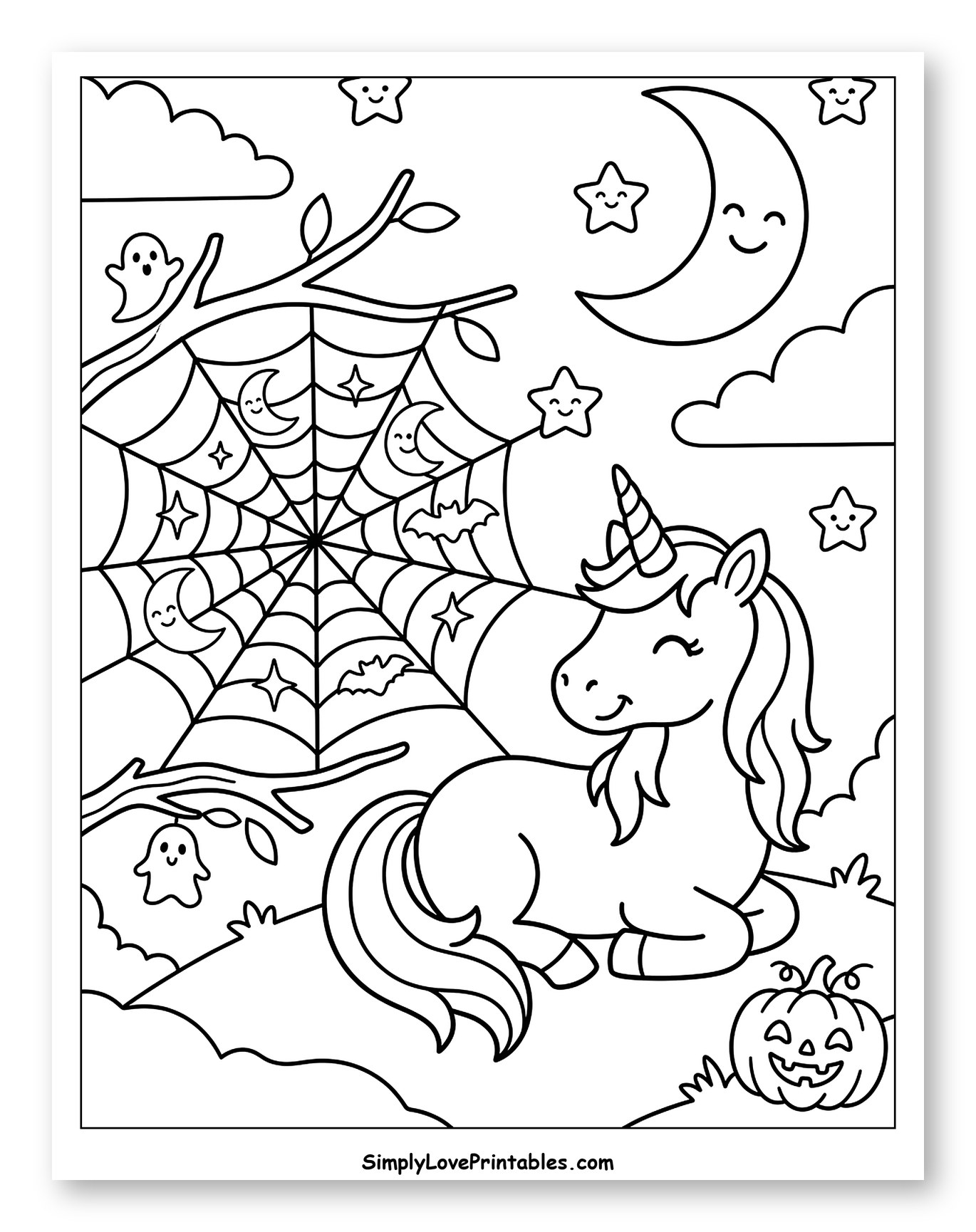 Cute Unicorn Resting in a Halloween Scene