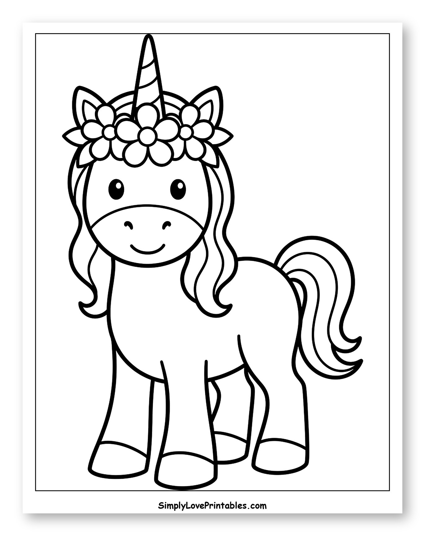 Cute Unicorn Wearing a Flower Crown Coloring Sheet for Toddlers