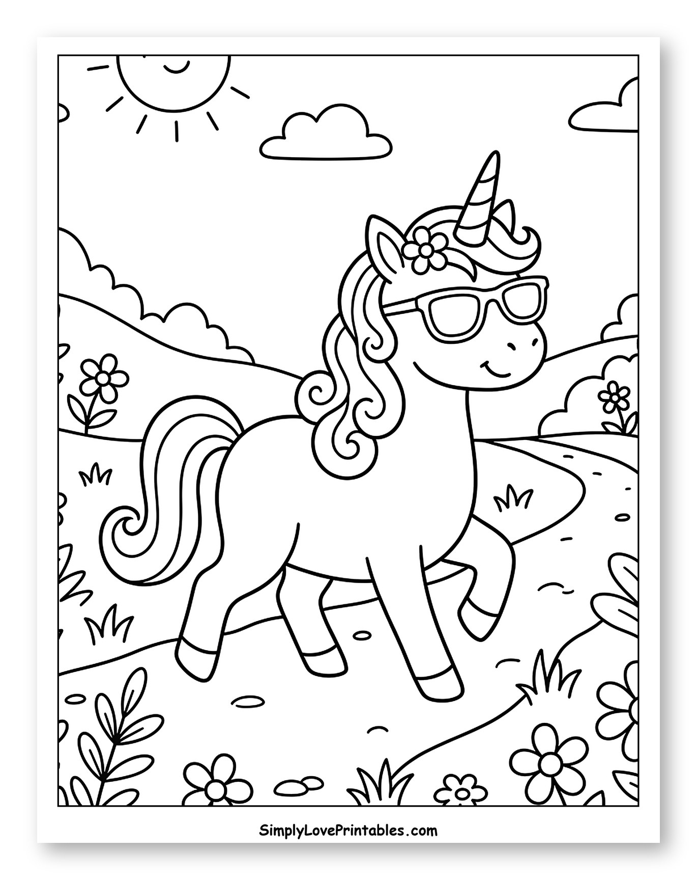 Cute Unicorn Wearing Sunglasses on a Sunny Path Coloring Page for Kids