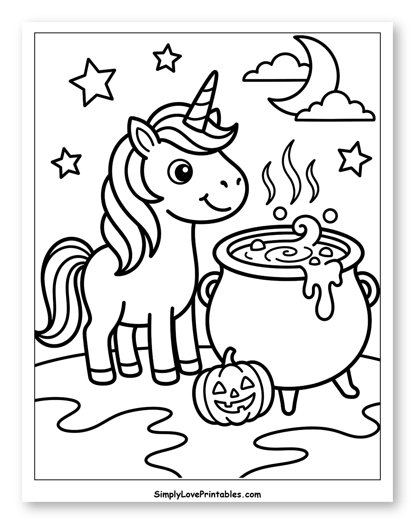 Cute Unicorn with Cauldron and Jack-o'-lantern